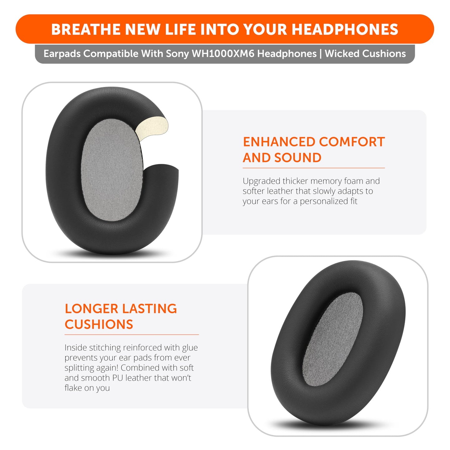 WC PadZ XM6 - Premium Replacement Earpads Compatible with Sony WH-1000XM6 Headphones by Wicked Cushions | Enhanced Comfort, Durable PU Leather & Sound