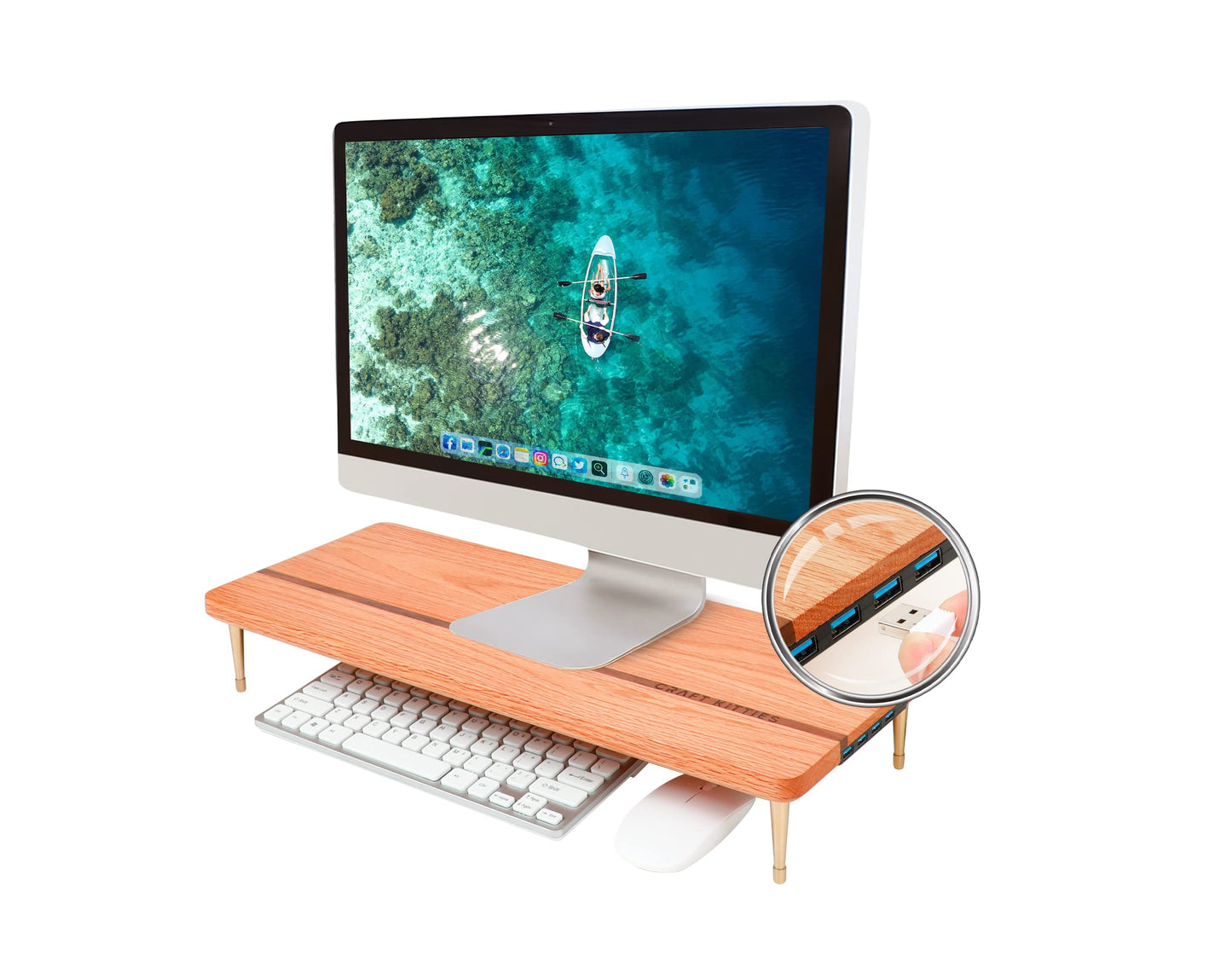CRAFT KITTIES Wood Riser Monitor Stand with USB Ports Computer Stand w/Slot for Tablet & Cellphone Computer Riser w/Big Storage, Dual Monitor Riser