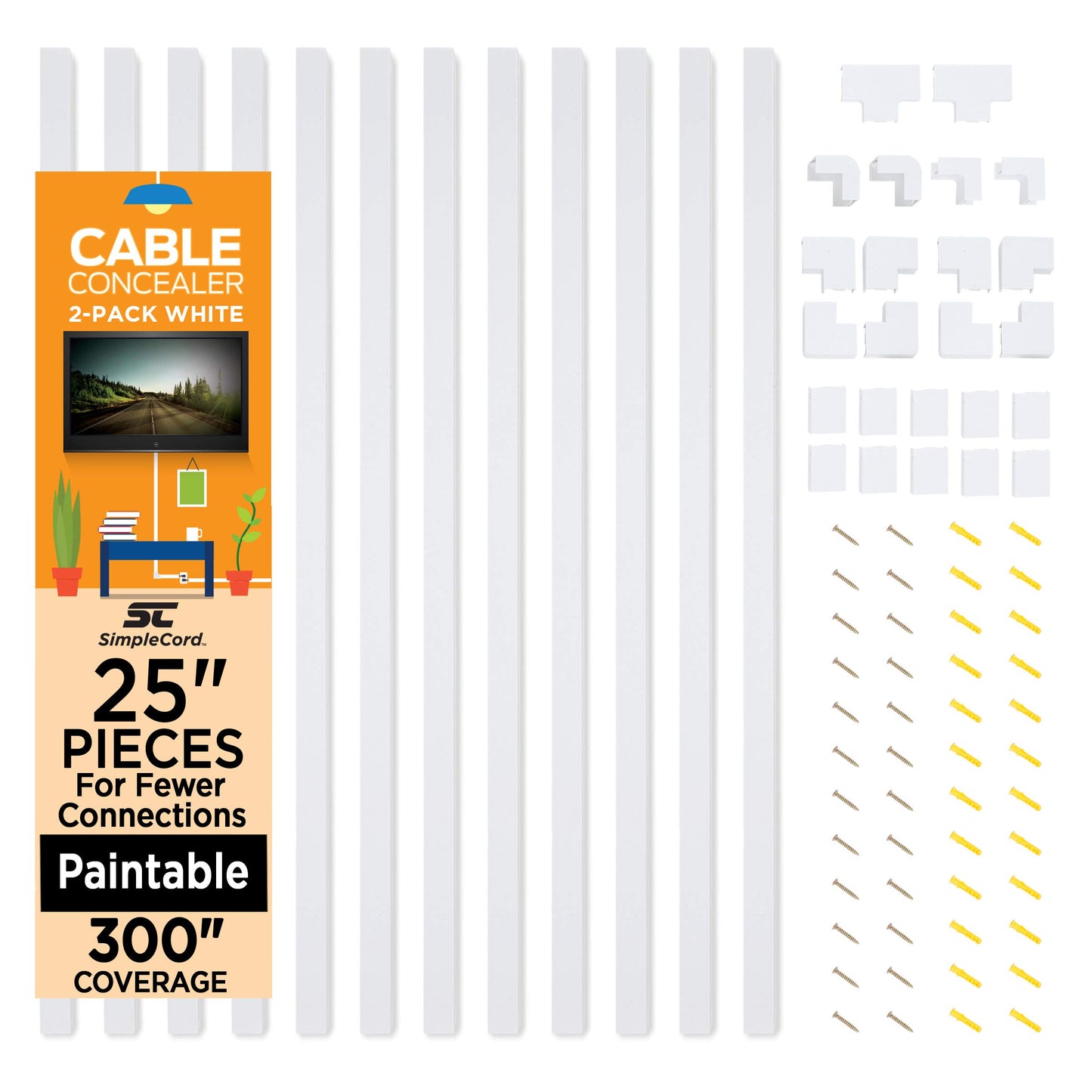 Set of Twelve 25-inch Cord Covers - 300-inch Total On-Wall Cable Management Kit for Wall-Mounted TV or Computer Cables by Simple Cord (White)