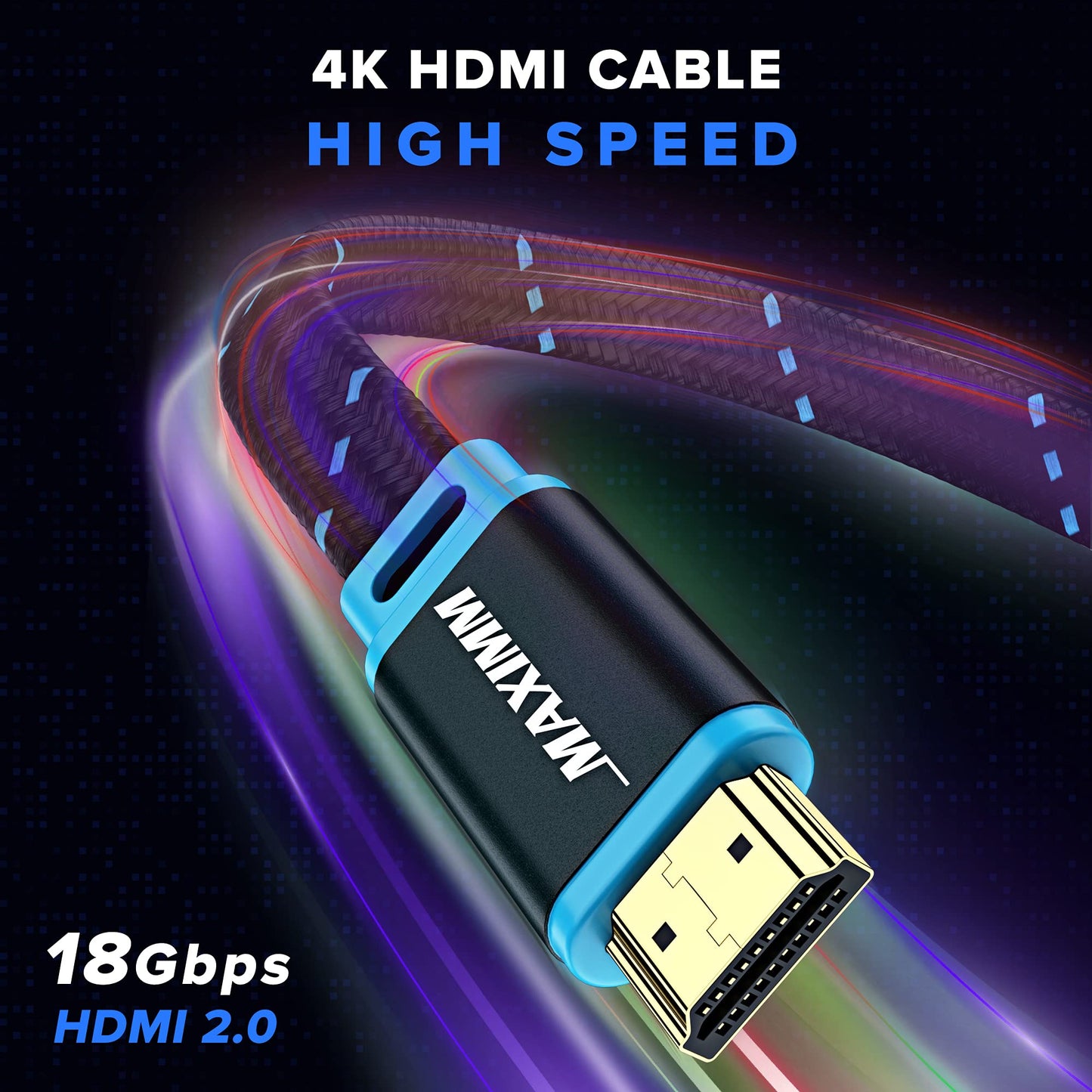 Maximm 4K HDMI Cable 12ft, Super-Slim Flat Space-Saving, High-Speed HDR HDMI 2.0 Braided Cord, 3-Pack