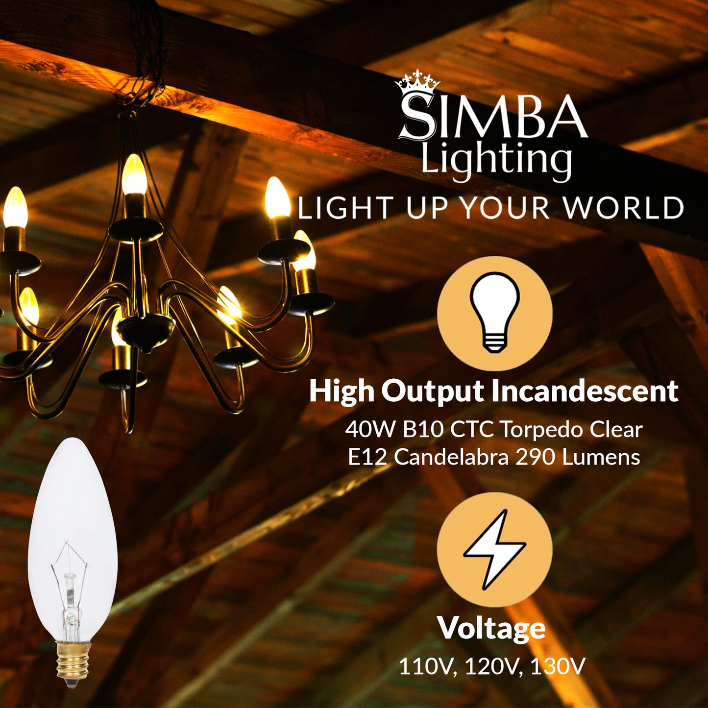 Simba Lighting Candelabra Torpedo Clear B10 CTC 25W E12 Base 120V, 12 Pack