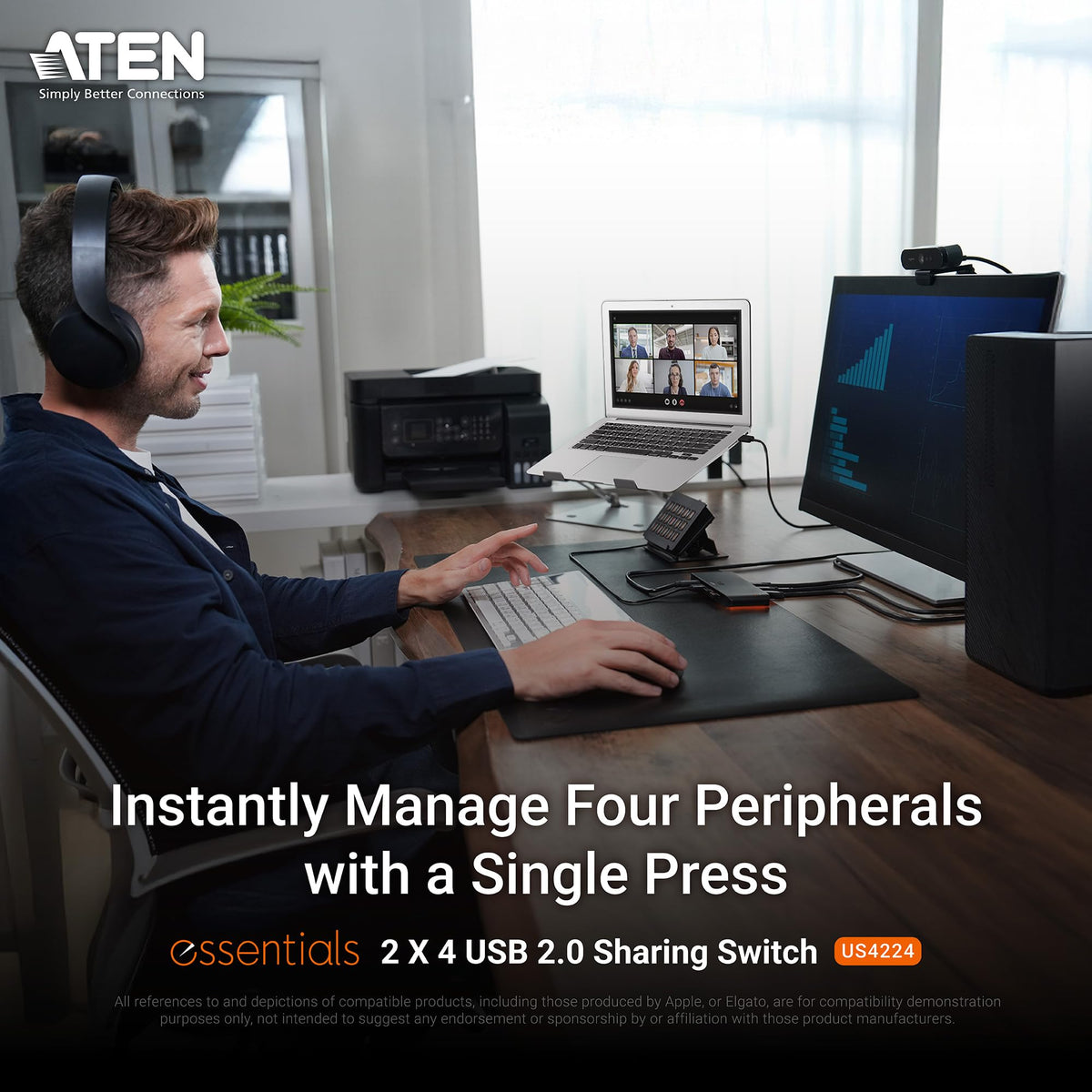 ATEN Essentials US4224 2 x 4 USB 2.0 Sharing Switch, Share 4 USB Peripherals Between Two Computers, 480 Mbps, Quick Switch, Compact, Windows, macOS