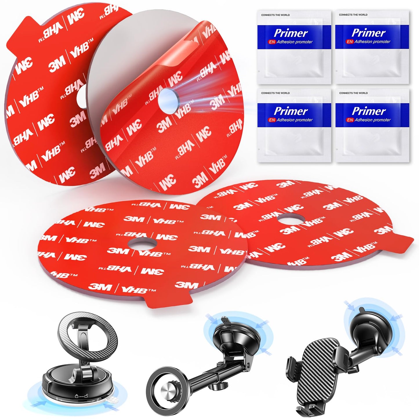 Adhesive Sticky for Car Phone Mount: 4 Pcs 75mm Double Sided Pad with Adhesion Promoter for Suction Cup Holder - Heat Resistant Replacement Tape
