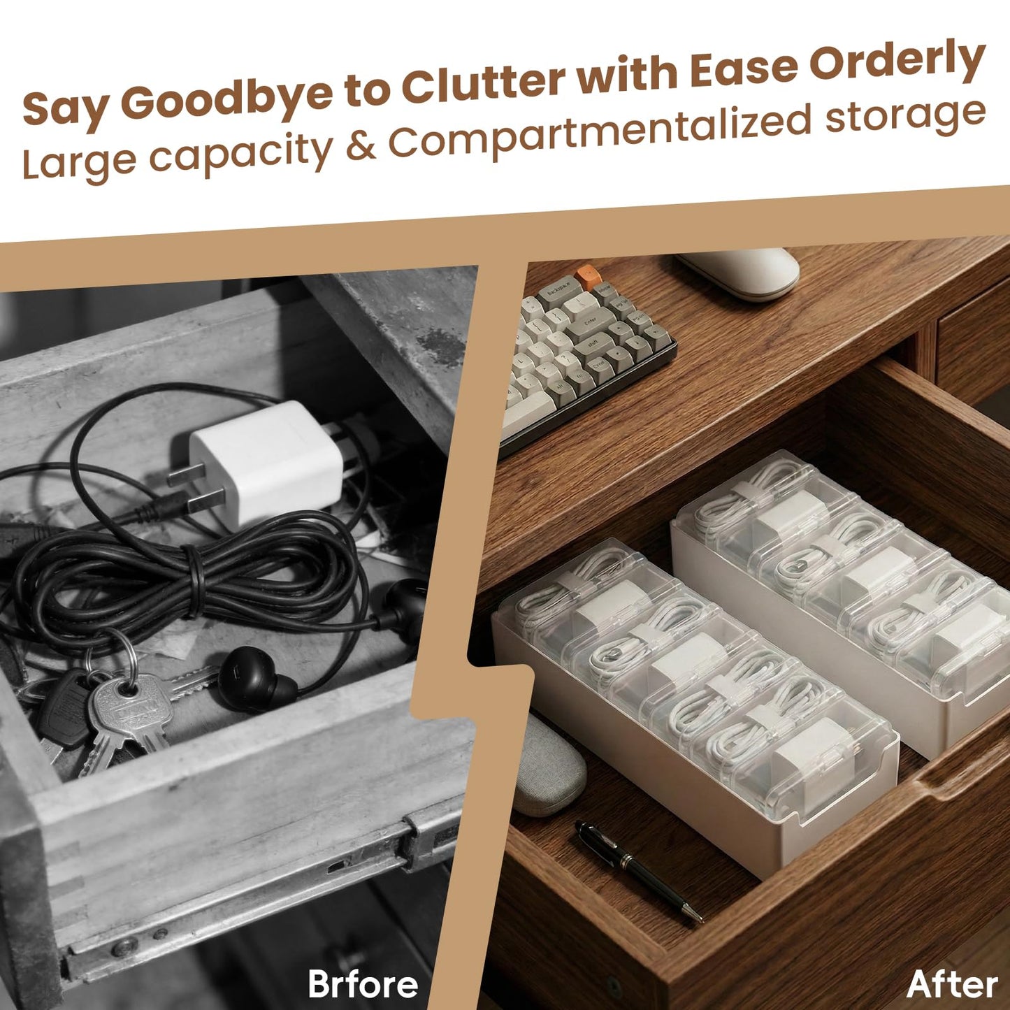 Alouxop 8 Individual Cable Organizer Boxes With Base, Cord Storage Organizer With Labels And Cable Straps For Charging Cables, Adapters, Earphones And
