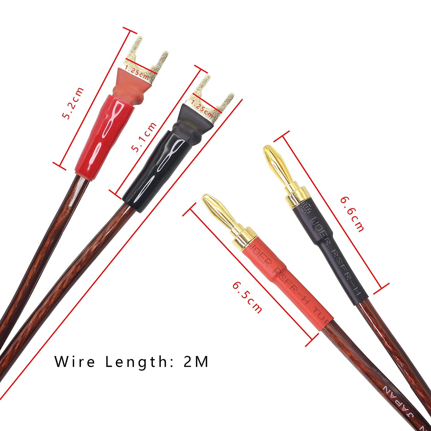 XMSJSIY HiFi OFC Speaker Wire with Spade Plug to Banana Plug Speaker Jumper Cable, 4 Banana Plug to 4 Y-Shaped Fork Plug Gold-Plated Extension Jumper