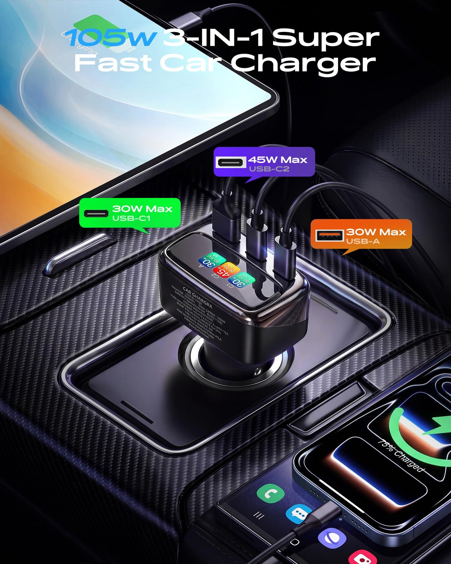 105W USB C Car Charger with Digital Color Display, 3-Port Fast Charging Cigarette Lighter Adapter for iPhone 17/16/15 Pro Max, Samsung S26, Travel Car