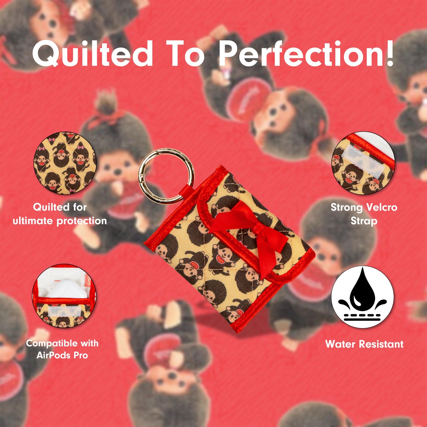 Sonix Quilted Earbud Pouch | Premium Cotton Bag Charm for AirPods, Keychain Storage Case Cover with Carabiner Ring | Monchhichi AOP Latte