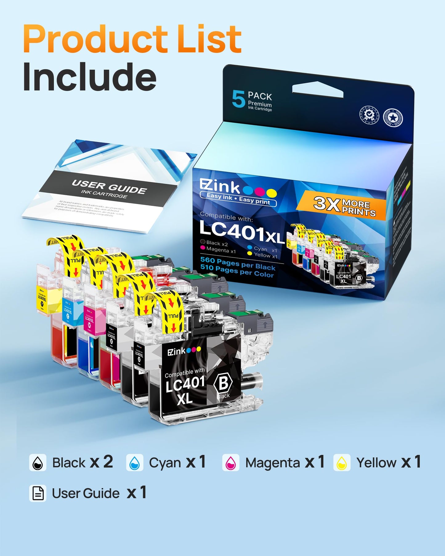 E-Z Ink LC401XL Ink Cartridges for Brother Printer LC401 XL LC 401XL LC 401