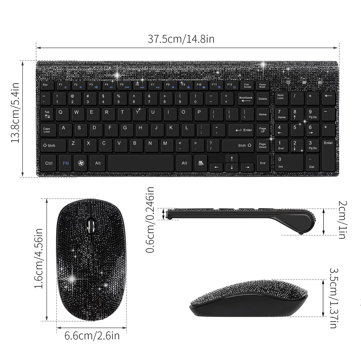 Dazzling Luxury Keyboard and Mouse Wireless, Sparkly Bling Rhinestone Wireless Mouse and Keyboard Gift Set (Black)