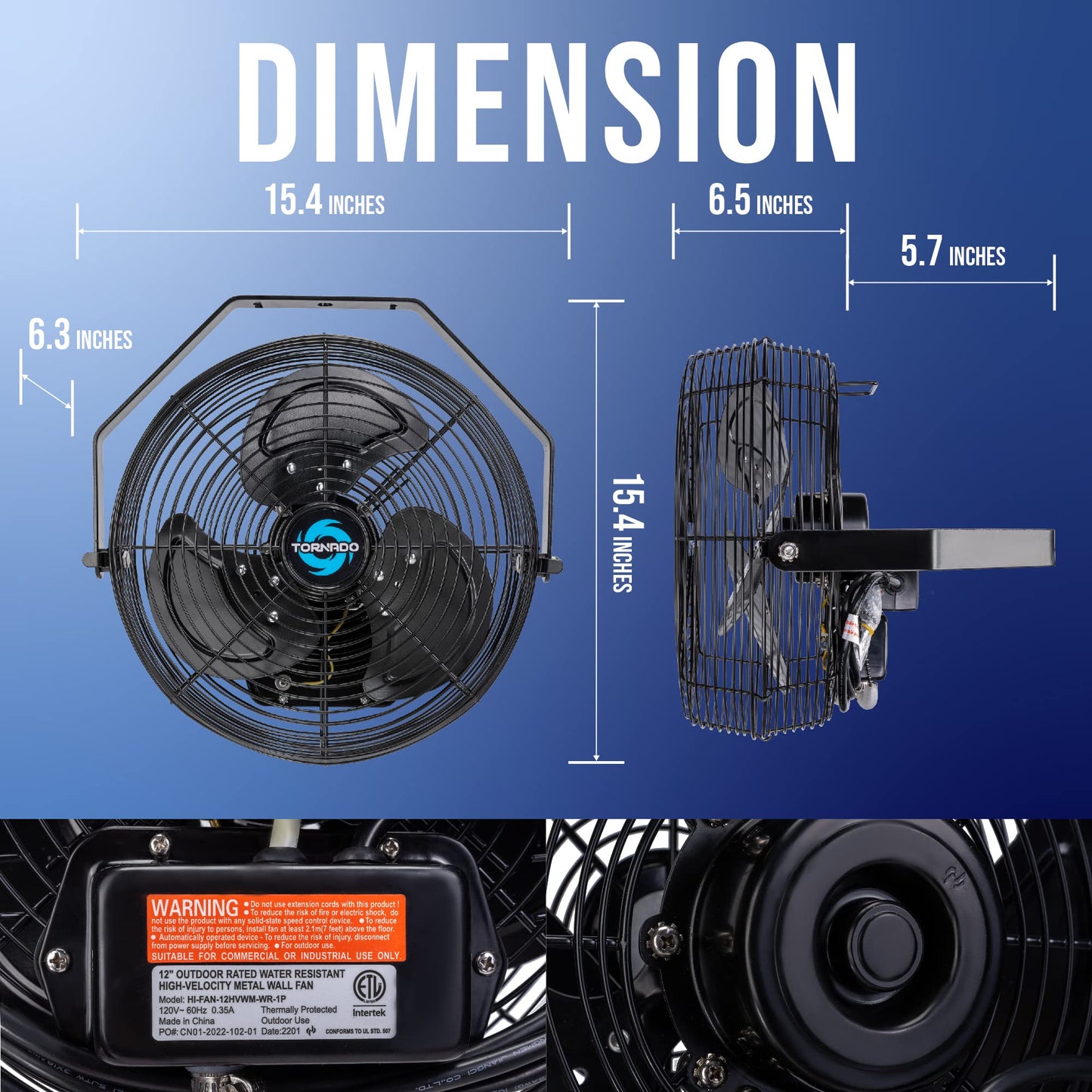 Tornado 12 Inch Outdoor Water-Resistant Metal Industrial Wall Mounted Fan IPX4 Rated High Velocity Wall Fan For Commercial, Industrial, Residential, 3