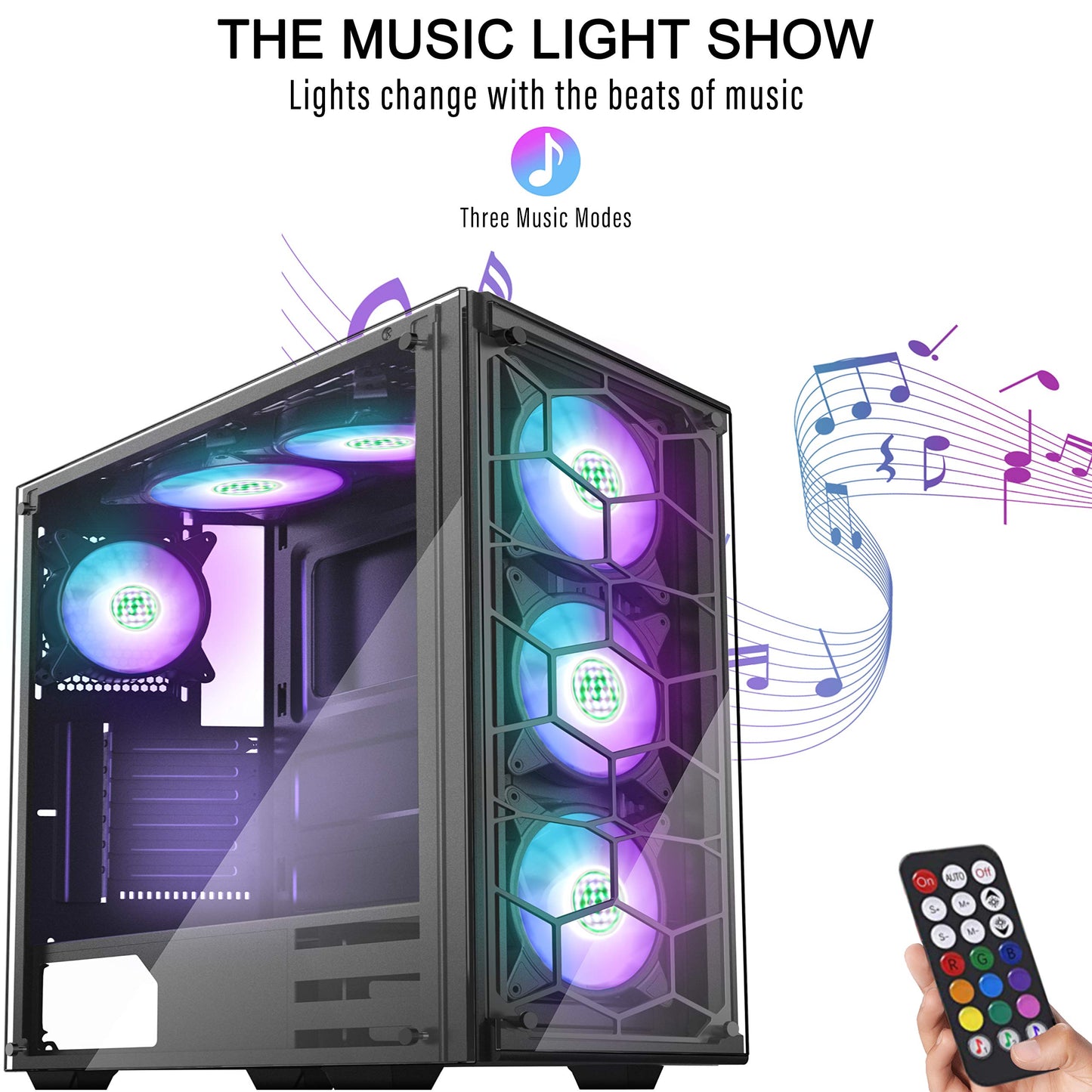 MUSETEX ATX Mid Tower with 6 PCS × 120mm LED ARGB Fans Pre-Installed USB 3.0 Port Tempered Glass Panel Gaming PC Case Computer Chassis (907)