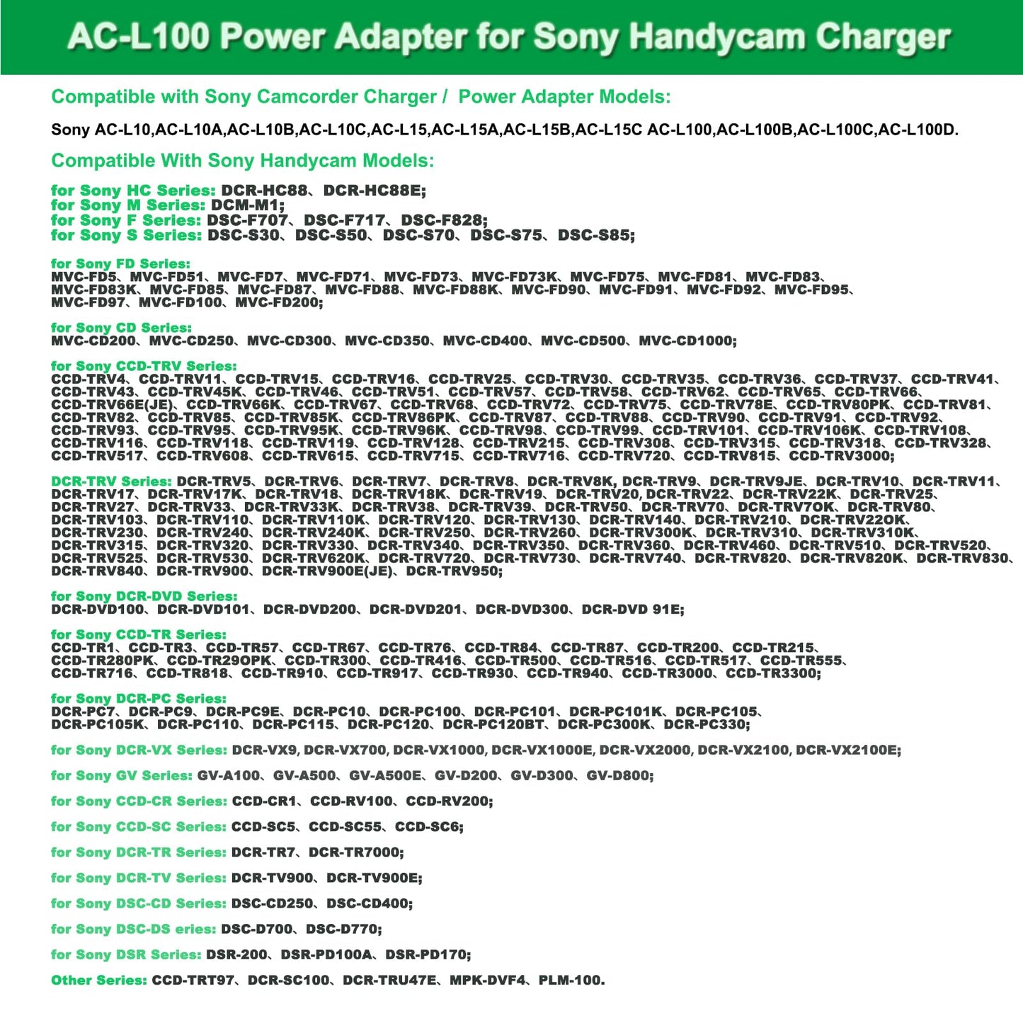 Gonine AC-L100 Charger for Sony Handycam Camcorder, Compatible with CCD-TRV108/308/118 & DCR-TRV460 etc, Replacement for AC-L15 AC-L10 AC-15A AC-L10A