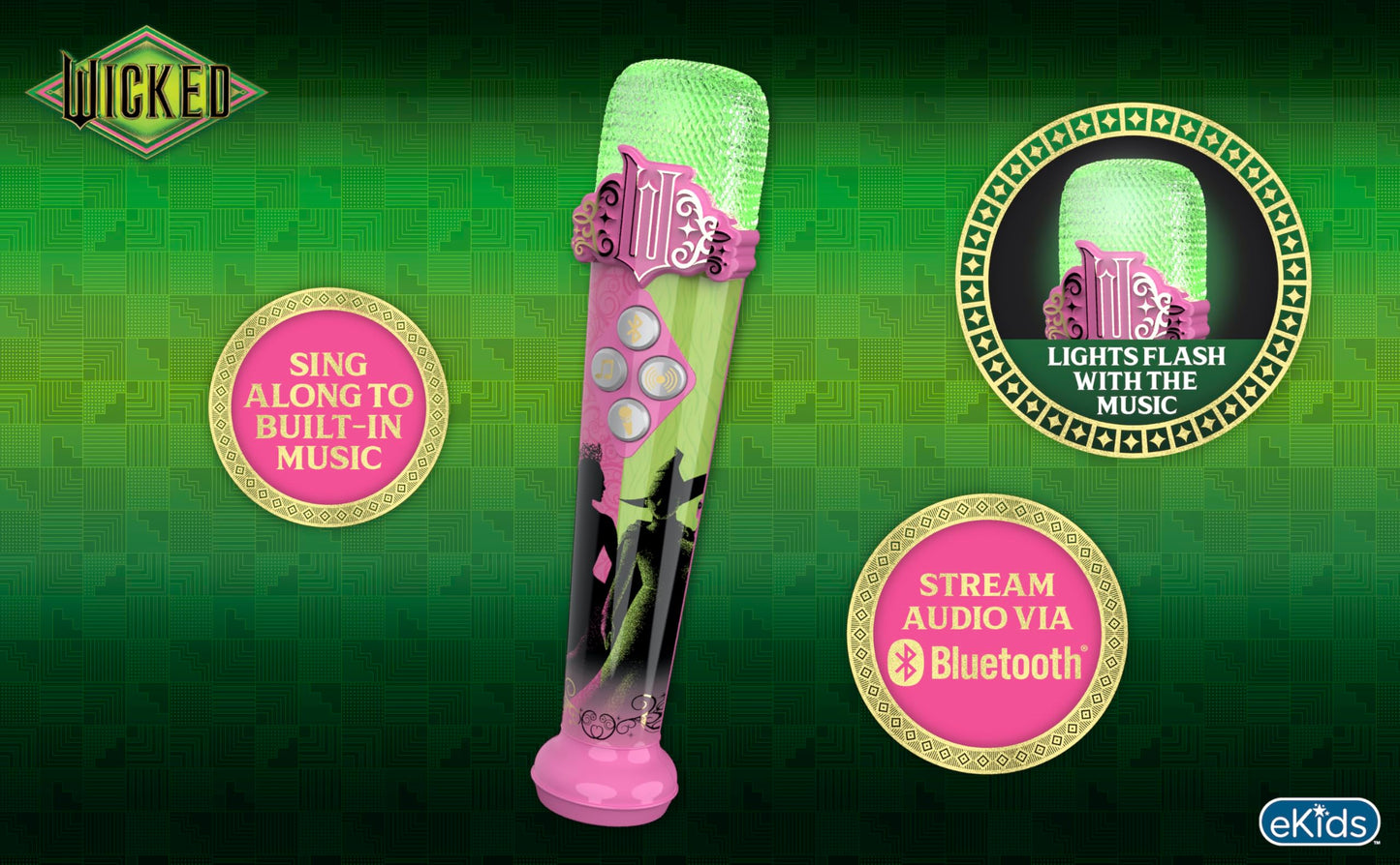 eKids Wicked Karaoke Microphone for Kids, Bluetooth Microphone Includes Built-in Music and Light Show, Designed for Fans of Wicked Toys