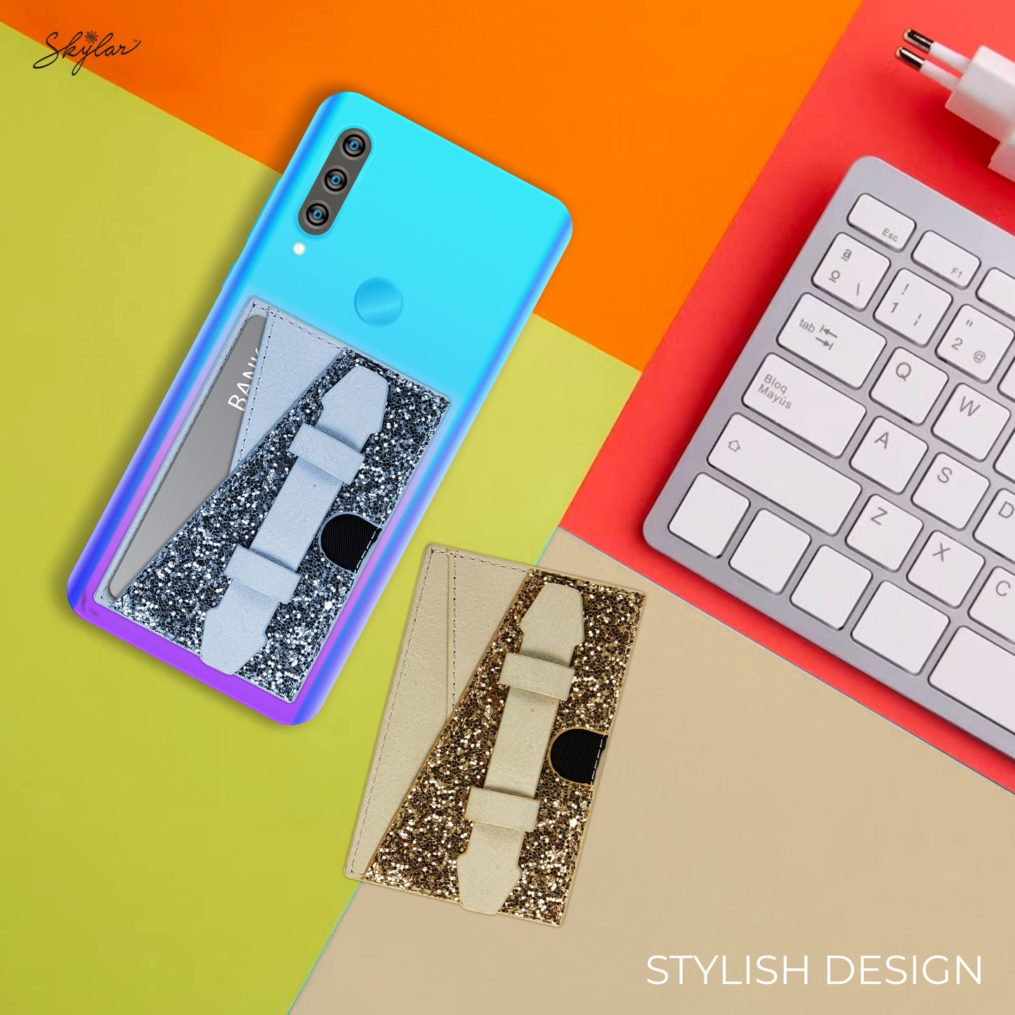 SKYLAR Stick On Phone Wallet with Finger Strap Stand, Slim 2-Pocket Credit Card Holder for iPhone & Android, 3M Adhesive Phone Card Holder, Faux