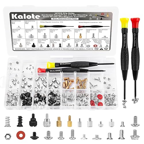 Kalote 167PCS Computer Screw Kit, Carbon Steel Nickel-Plated Laptop PC Screws Assortment with M.2 SSD Screws, Motherboard Standoffs, HDD Case Fan