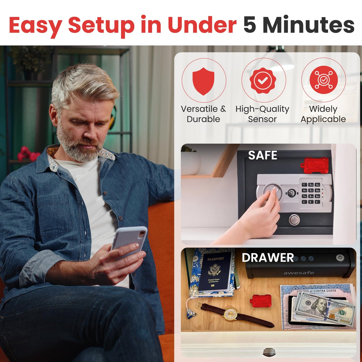 Instant Kini Safe Alert Wi-Fi Motion Sensor Alarm - Real-time SMS, Email, IFTTT - Great for Gun Safes, Cabinets, Office - Easy Install, No