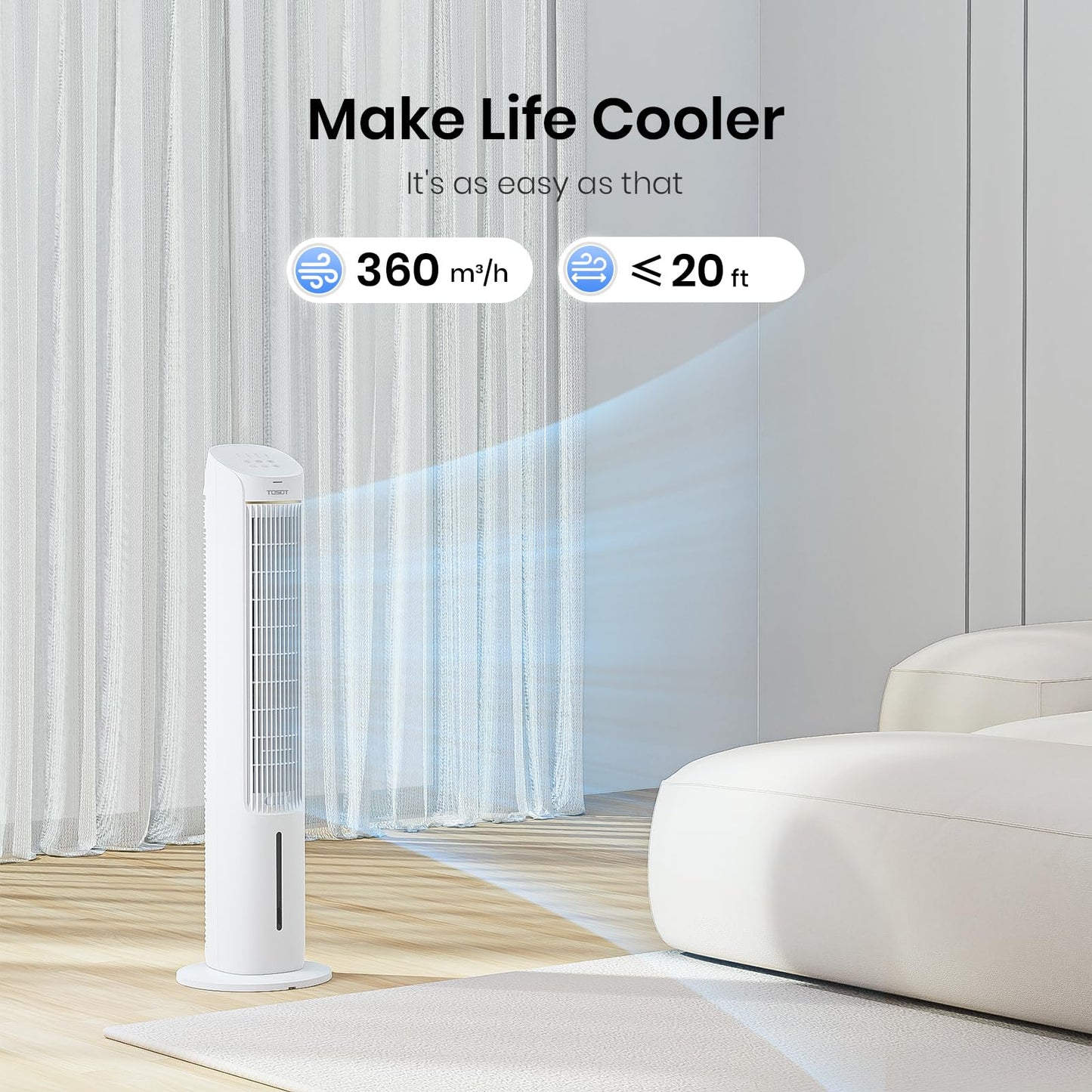 TOSOT Evaporative Air Cooler, 43" Tower Fan Oscillating 80°, 3 Speed Quiet Cooling Fan with 2 Ice Packs, Remote Control, Removable 4L Water Tank, Mist