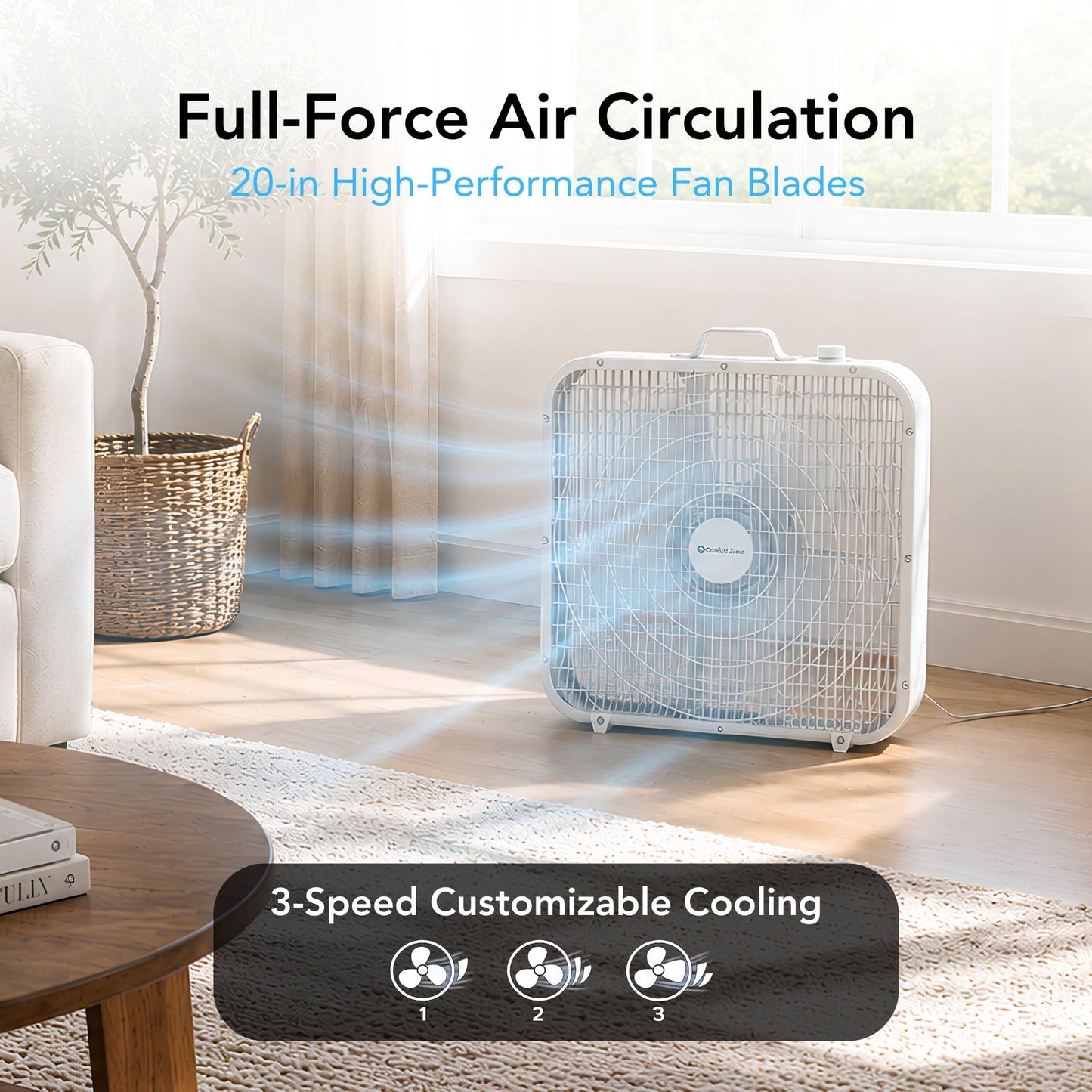 Comfort Zone Box Fan with Carry Handle, 20 inch, 3 Speed Full-Force Air Circulation Window Fan, Bedroom Floor Fan with 5 Blades, White Noise Cooling