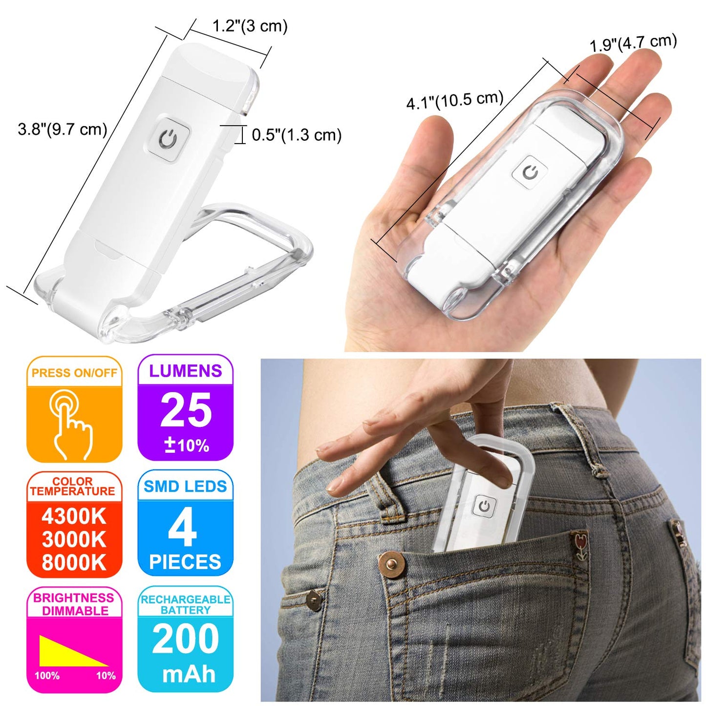 HONWELL Rechargeable Clip On LED Book Light, 3 Brightness Levels Dimmable Bookmark Light for Eye-Protection, Portable Reading Lamp for Bookworms