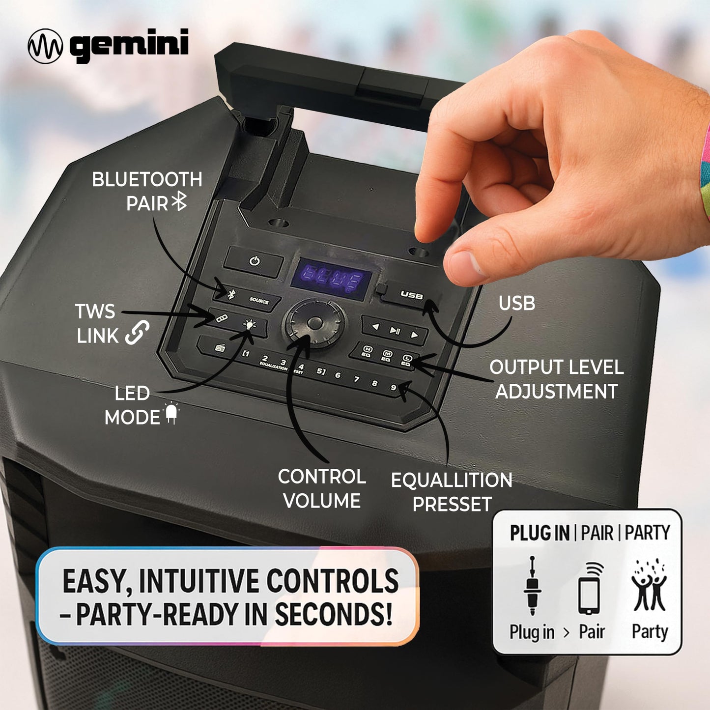 Gemini Sound GXP-T1500 All-Weather Portable Bluetooth PA Speaker System with RGB LED Party Lighting, 15" Woofer, Mic/Guitar Inputs, USB/FM Radio
