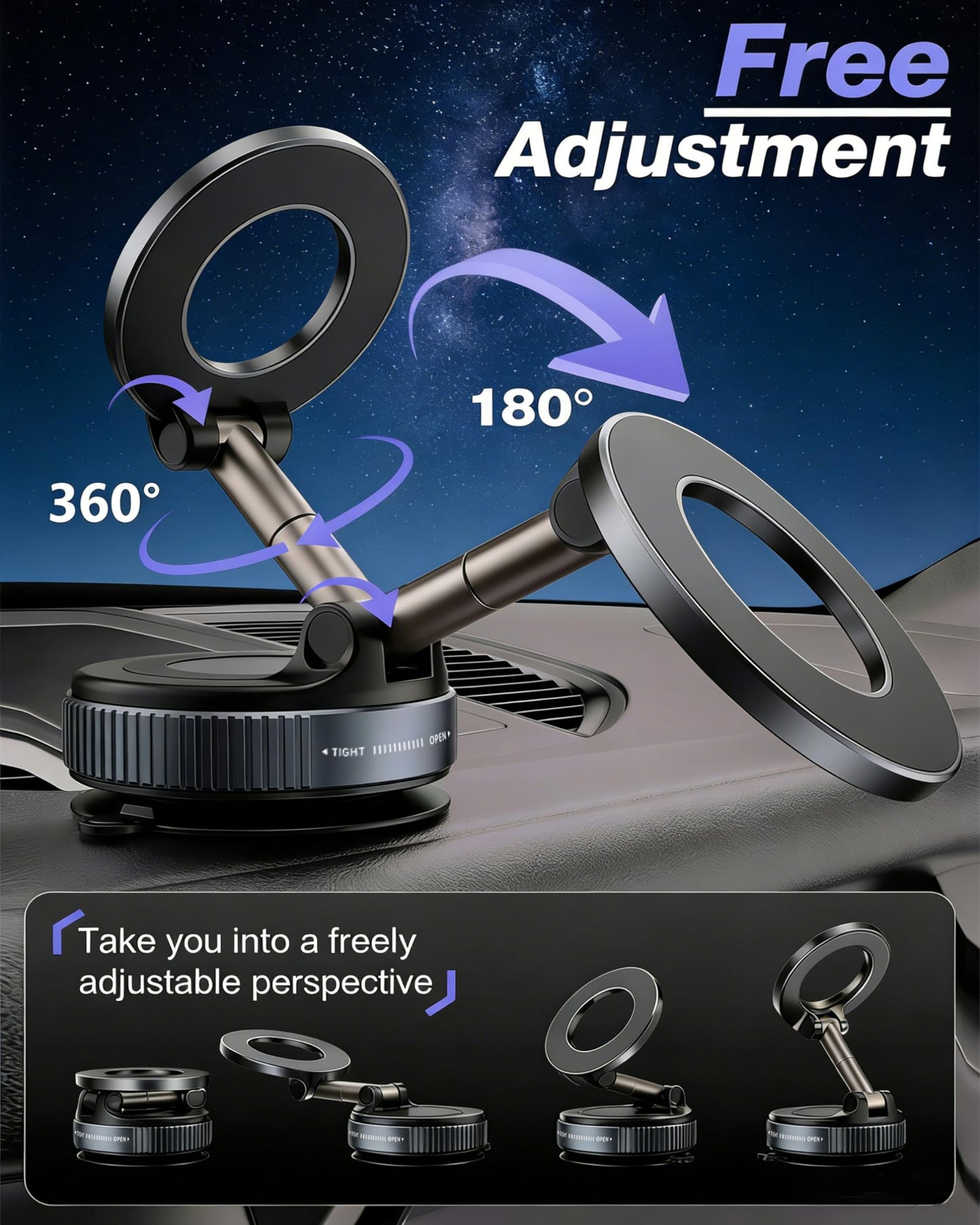 MARUVI Vacuum Magnetic Phone Holder for Car,2800gf Strong Magnetic Phone Mount,360° Adjustable & Reinforced Suction Cup for Dashboard/Mirror,Car Phone