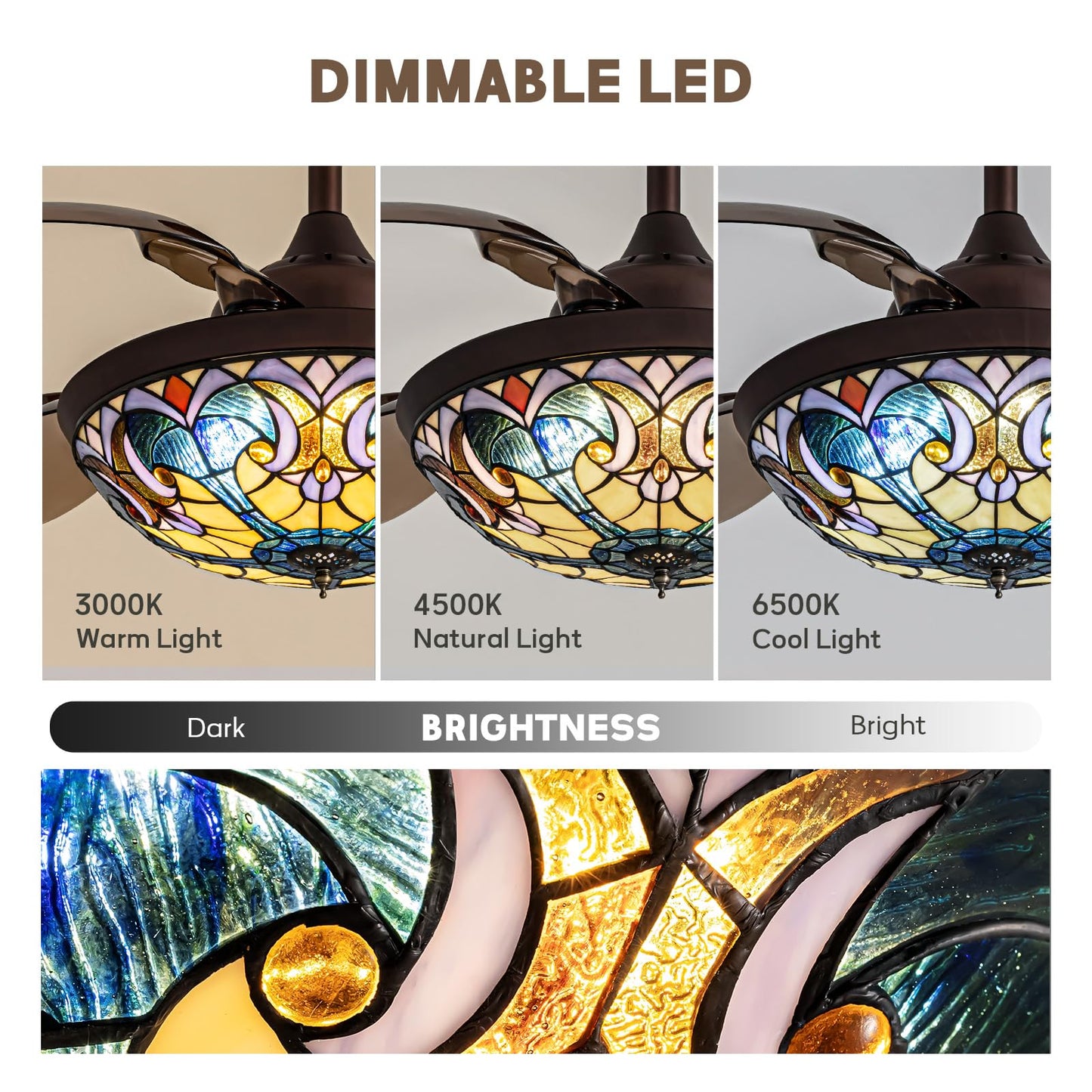 CROSSIO 36" Tiffany Fandelier Tiffany Ceiling Fan with Light Vintage Chandelier Fan Stained Glass Mediterranean Style Ceiling Fans with Lights