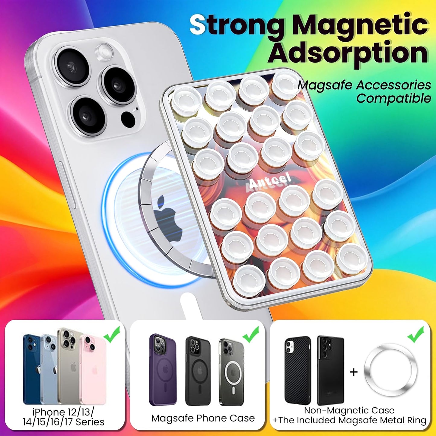 Anteel Magnetic Suction Cup Phone Case Mount with Built-in Mirror, Magnetic Back with Additional Mirror Effect, Thickened and Enhanced Suction Power