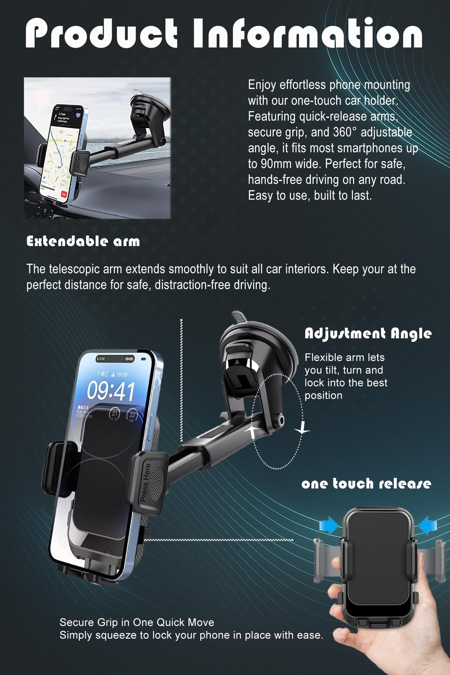 VEDA Car Phone Holder Mount, Cell Phone Holder for Dashboard Windshield, Suction Cup Hands-Free Car Phone Stand, Compatible with iPhone, Samsung