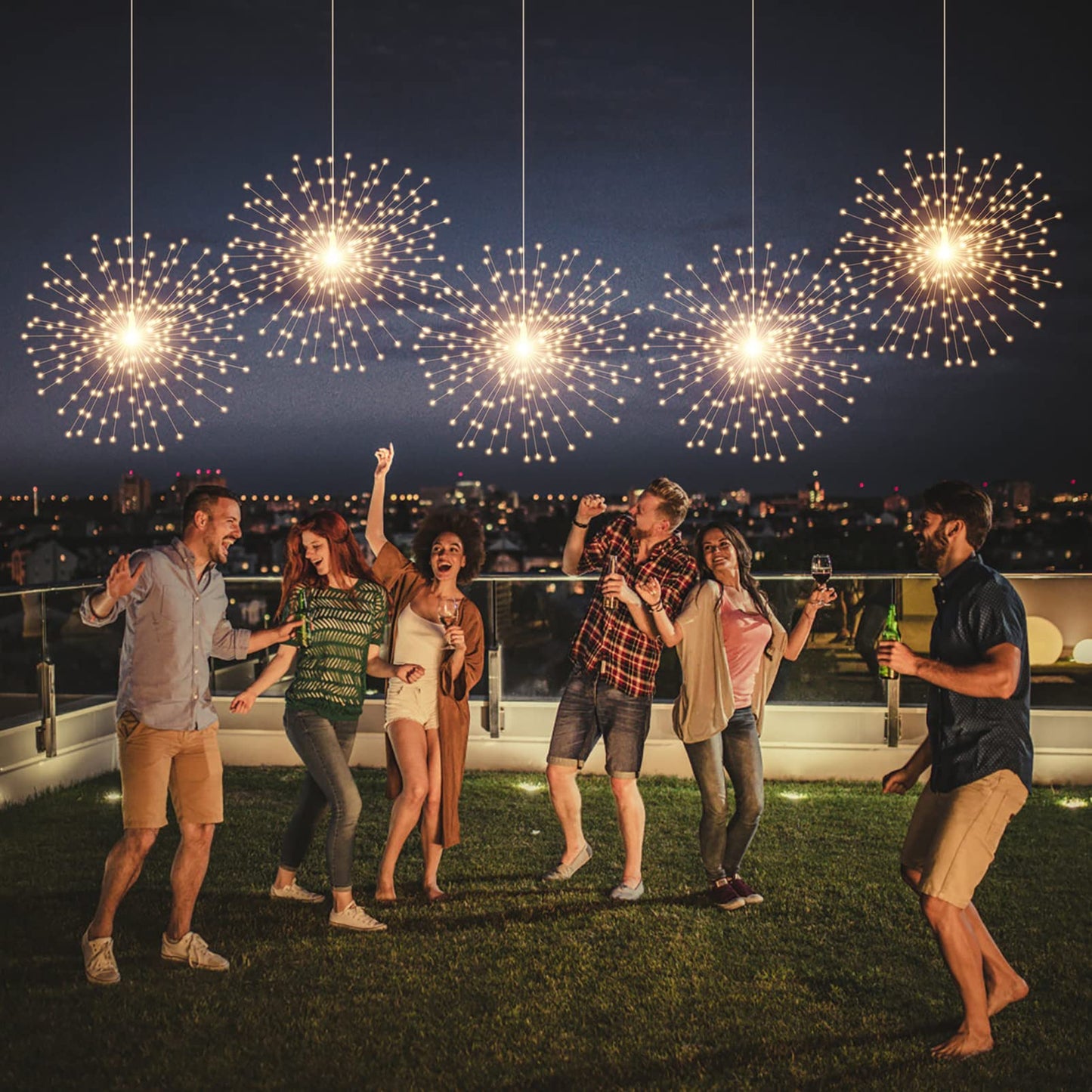 2 Pack Hanging Decor Lights,200 LED Battery Powered Fairy Light, Fireworks Light with Remote, Waterproof Starburst Lights for Gardens Courtyards