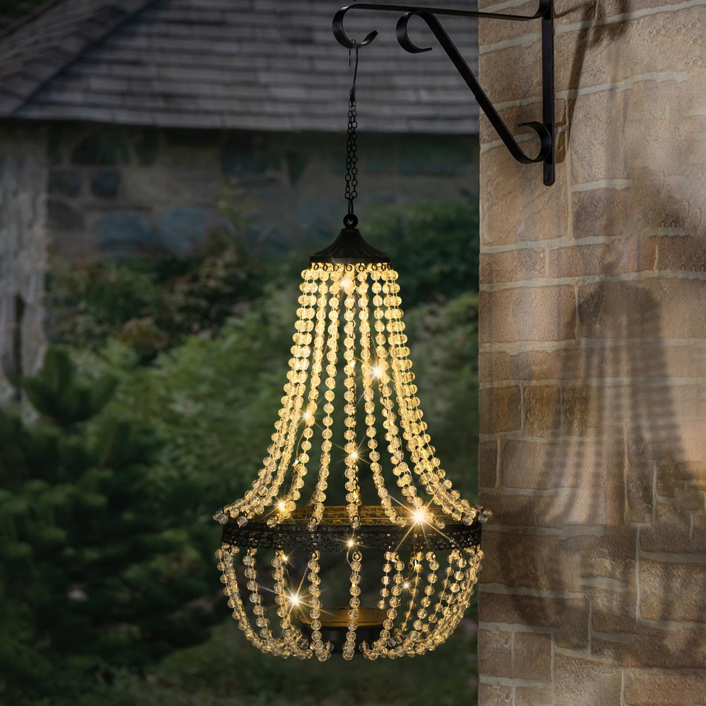 Hanging Solar Lantern Outdoor, 28” Modern Clear Crystal Acrylic Chandelier with 30 Warm White Lights S Hook for Garden, Yard, Patio, Gazebo