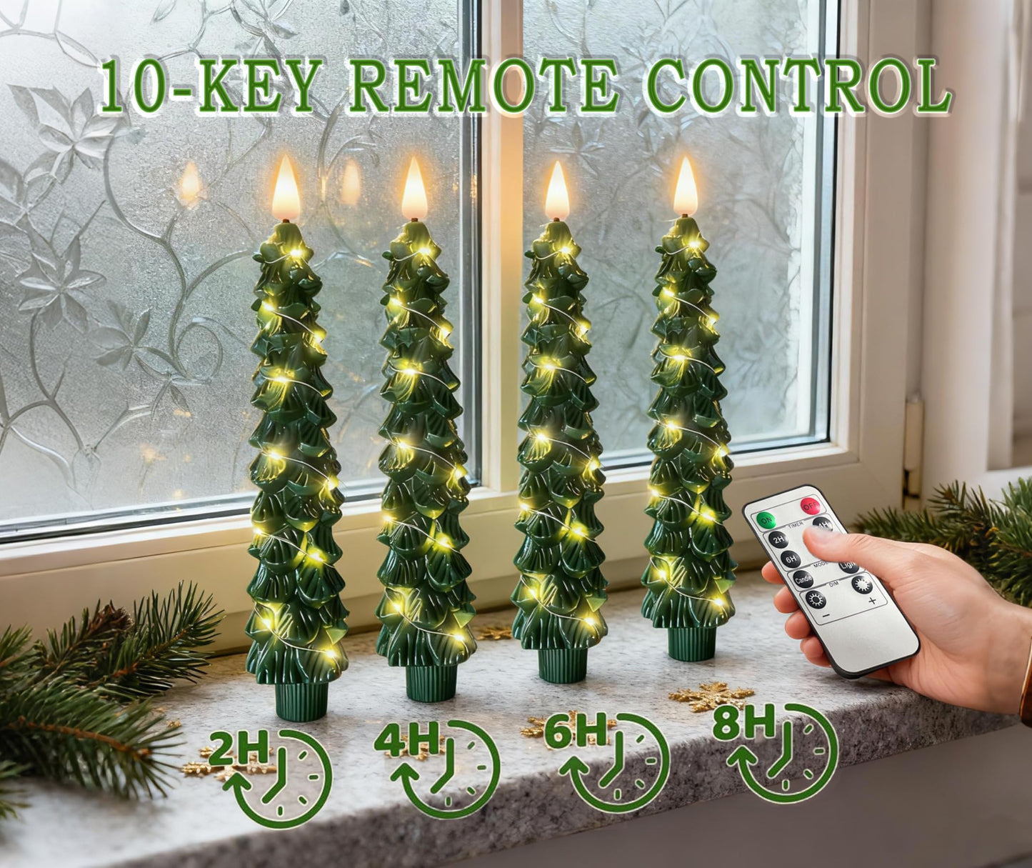 QVAIVE Christmas Tree Candles, Flameless Taper Candles with Remote & String Lights, 4 Pcs Battery Operated LED Green Christmas Candlesticks