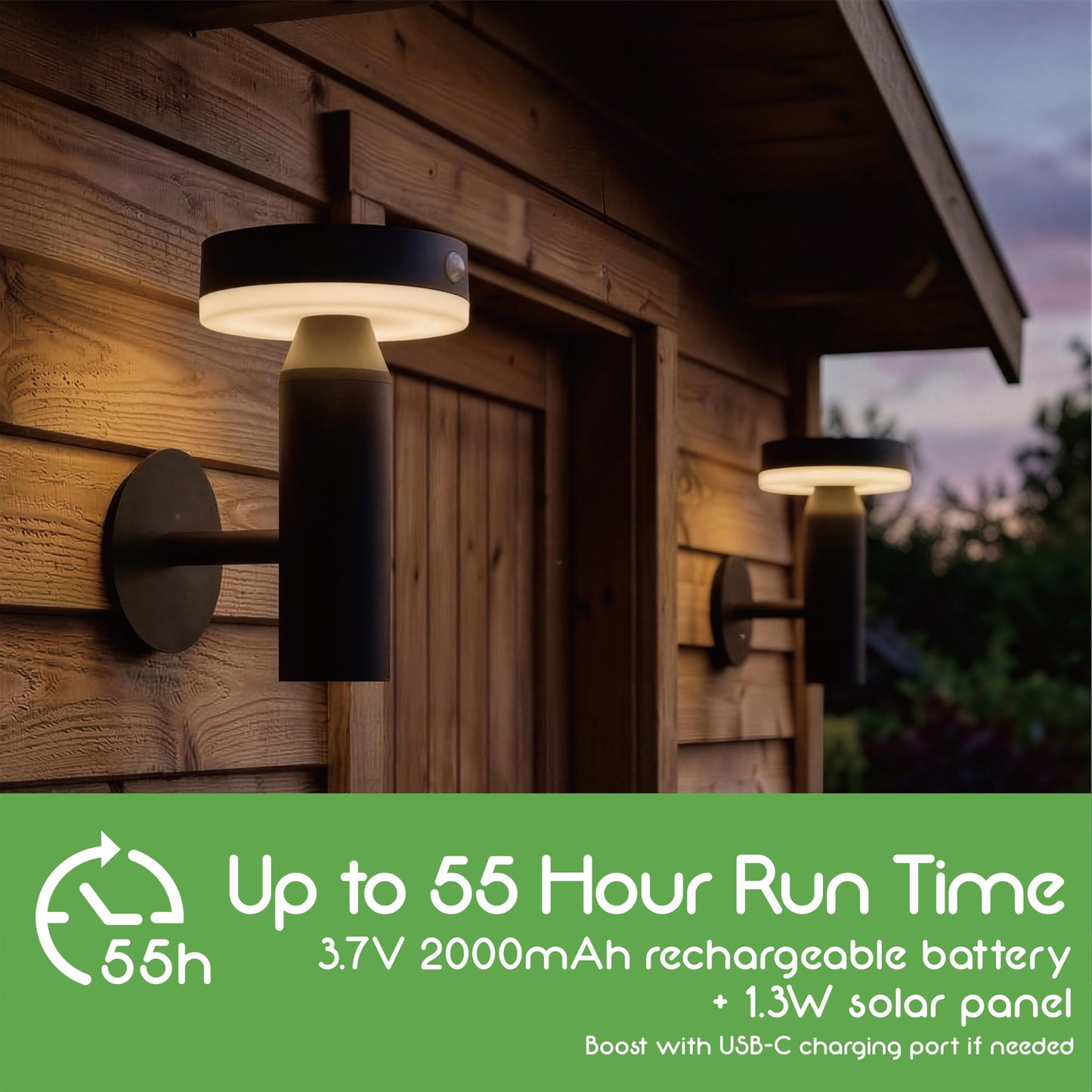 VerLuce - Round Solar Wall Lights - Solar Powered Wall Lamps - LED Lights - PIR Sensor & Two Lighting Modes - Rechargeable Battery - 3000K, 1.3W Solar