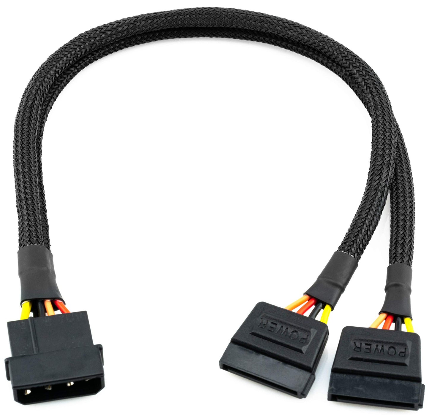 CRJ 4-Pin Molex to Dual 15-Pin SATA Power Adapter Cable - 12-inch (30cm), Black Sleeved - Power Two SATA Hard Drives and SSDs from a 4-Pin Peripheral