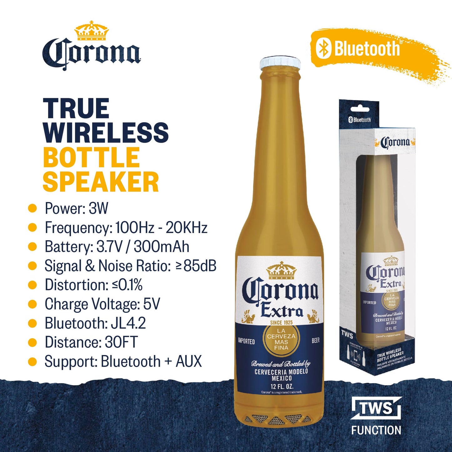 Corona Beer Bottle Bluetooth Speaker - Portable Wireless Stereo 30FT Range Sound System with Bluetooth + AUX Support, 3 Hour Playtime, Travel-Friendly
