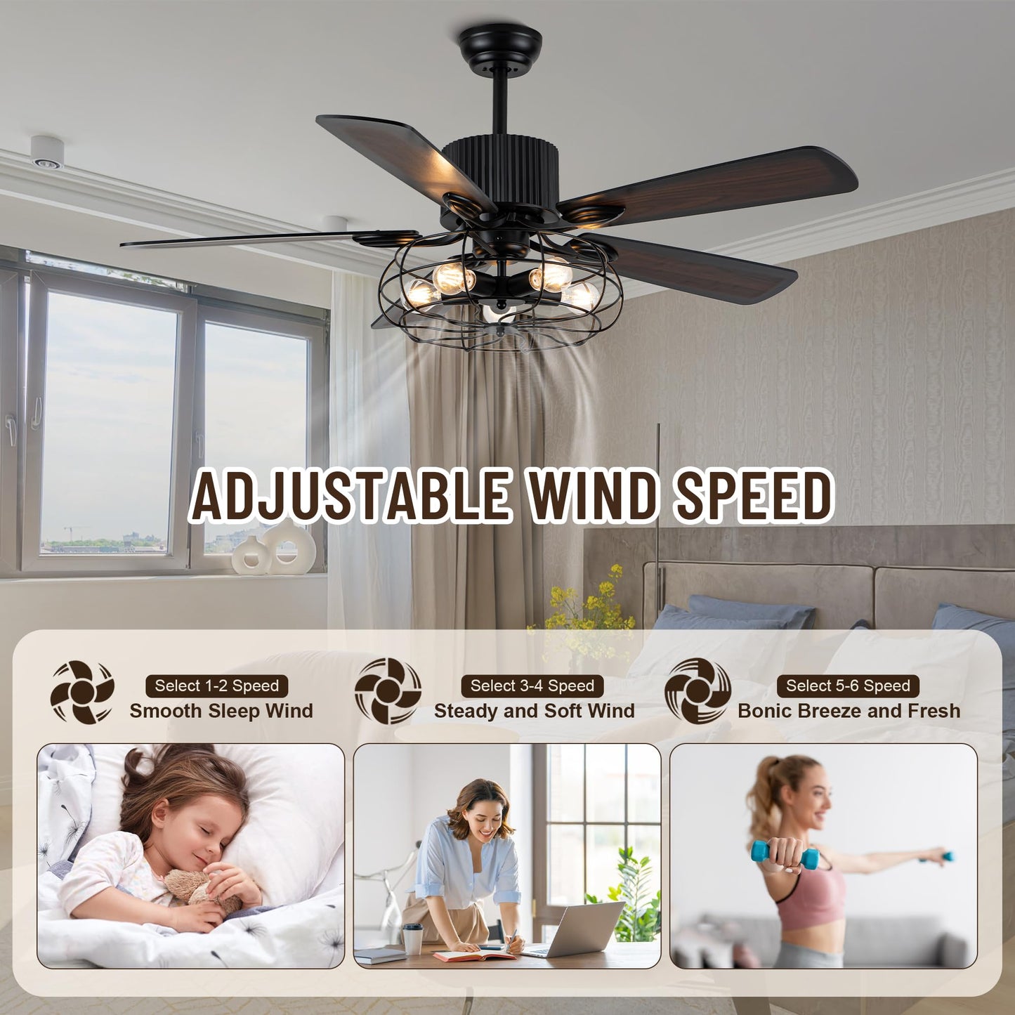 NA 52'' Retro Industrial Ceiling Fan with Iron Cage, Remote Control&Pull Chains, 5 Wood Reversible Blades, Vintage Pendant Light Fan