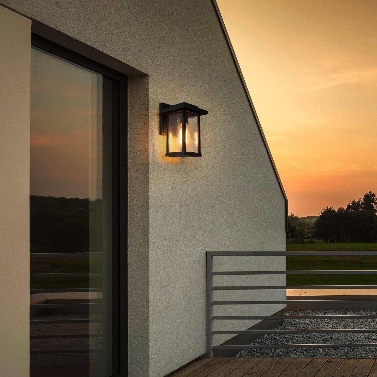 GEPOW Black Outdoor Wall Lights, Modern Farmhouse Porch Lights Outdoor Wall Mount with Water Ripple Glass, Waterproof Anti-Rust Rectangular Exterior