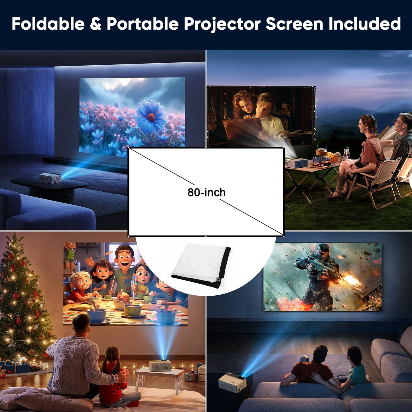 TMY 1080P Full HD Portable Mini Projector, Upgraded Bluetooth Movie Projector with Screen, Compatible with TV Stick Smartphone/HDMI/USB, Indoor