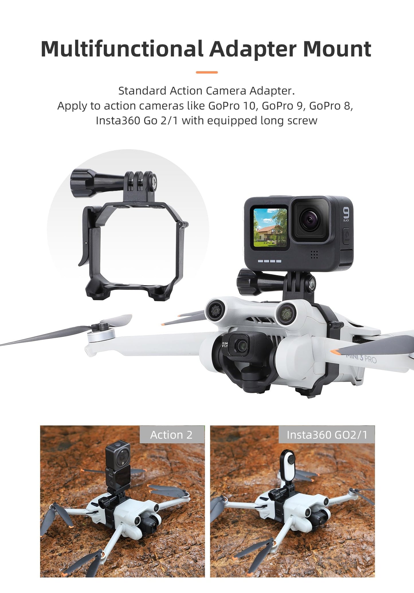 BTG DJI Mini 3 Pro Drone Action Camera Mount Holder for DJI OSMO Action 4 3/Pocket 3 2 /GoPro Series/Fimi Palm 1, 2 / Insta360 ONE X3 X2/ONE R/Night
