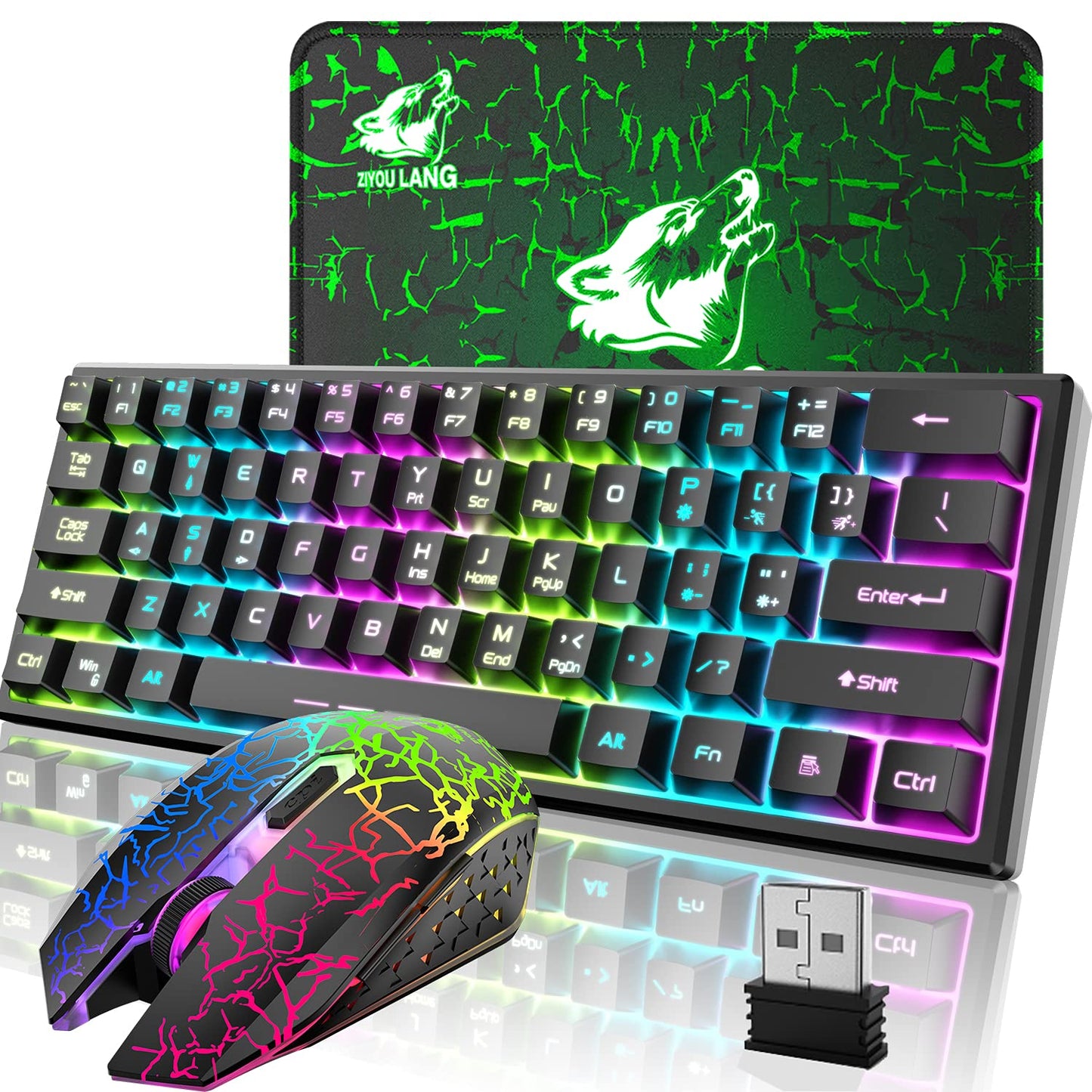 60% Mechanical Gaming Keyboard Mini 68 Keys Anti-Ghosting Wired Type C Chroma RGB 18 Backlit Effects,Lightweight Gaming Mosue 6400DPI Honeycomb