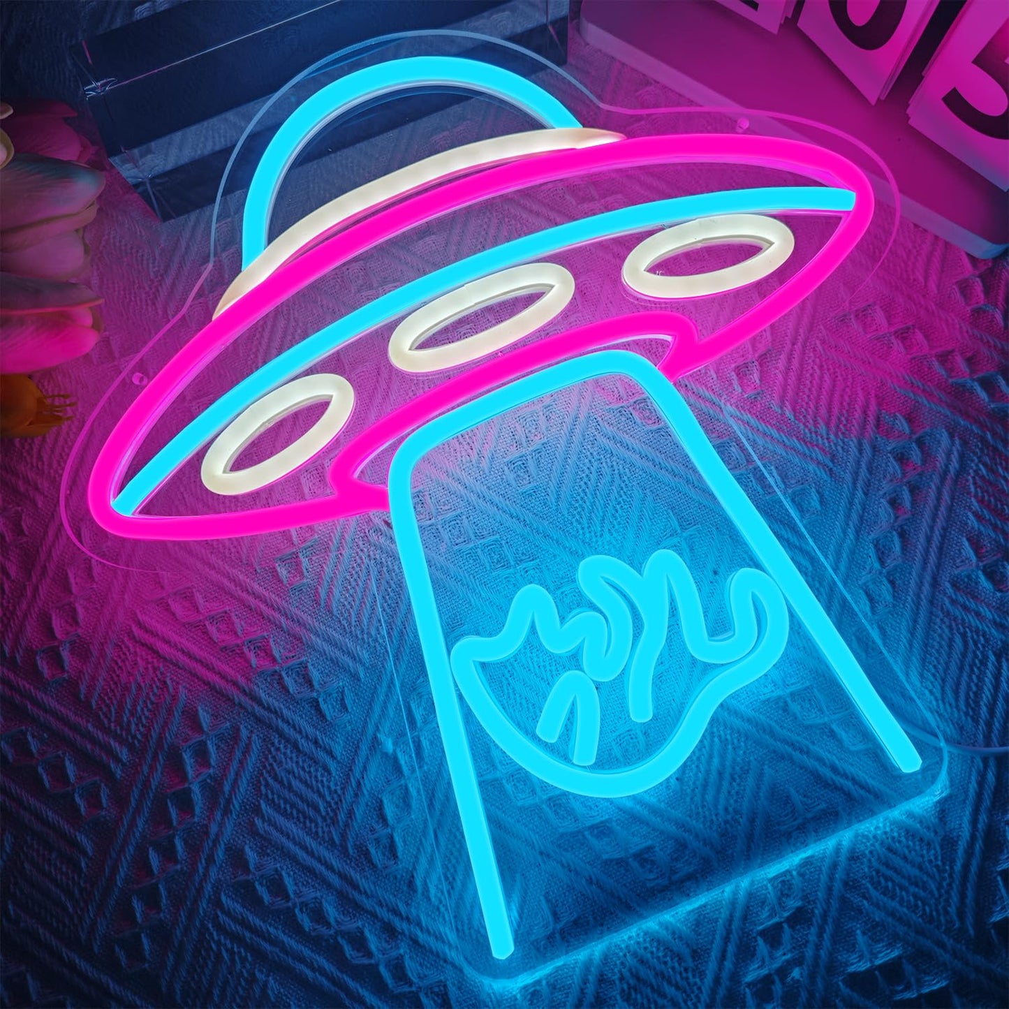UFO cat neon sign, spaceship LED neon light, dimmable spaceship neon light, suitable for bedroom, children's space, playroom, neon wall decoration