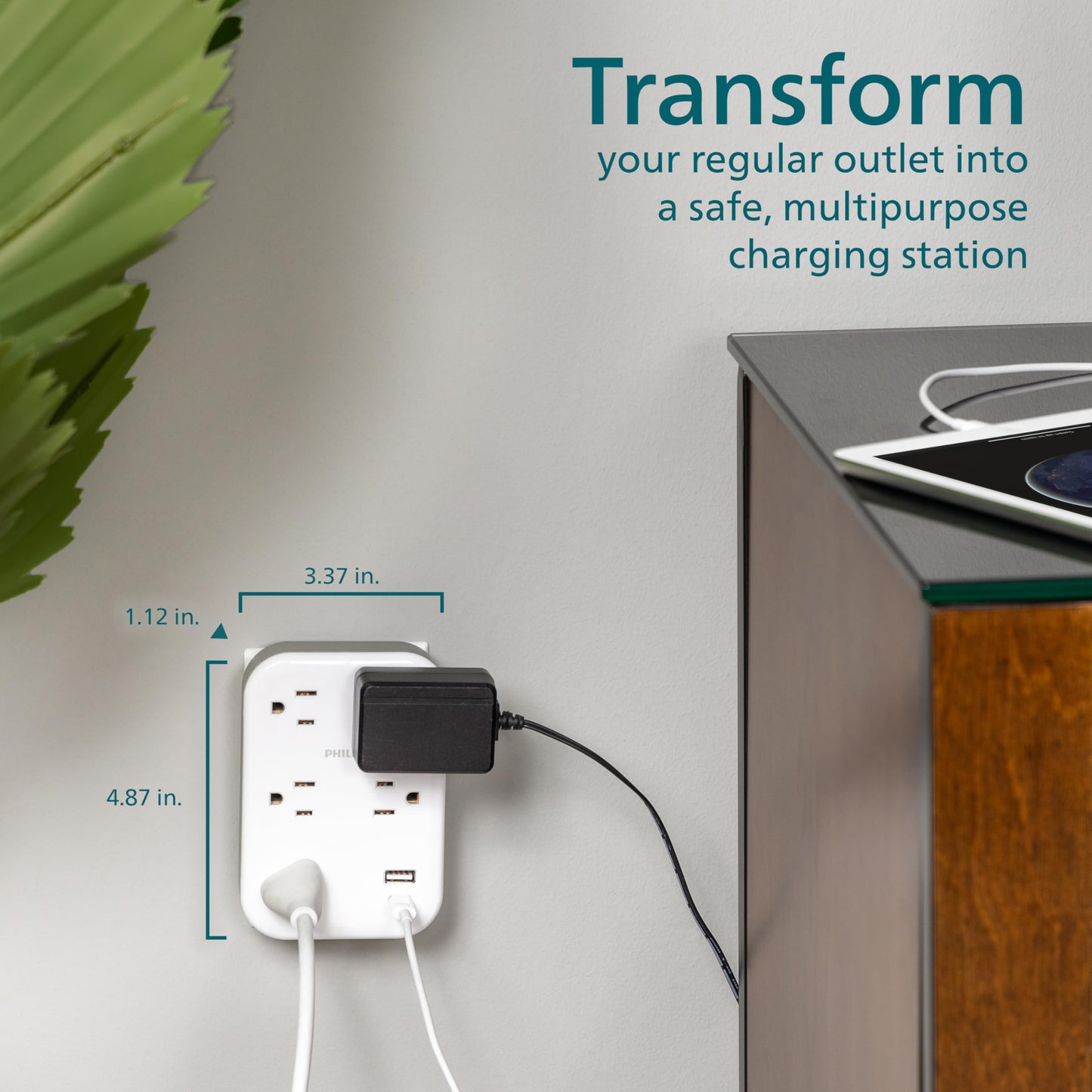 Philips EZFit 5-Outlet Extender Wall Tap with Surge Protection, Grounded Adapter, Charging Station, 3 Prong, 1 USB-A, 1 USB-C, 900J, White