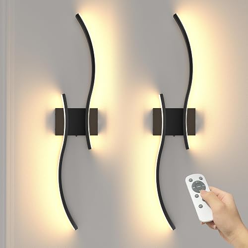 NIORSUN 27.6 Inch Battery Operated Wall Sconce Set of 2, Black Modern Rechargeable Wall Lights with Remote, 3CCT Dimmable Wireless Wall Lamp
