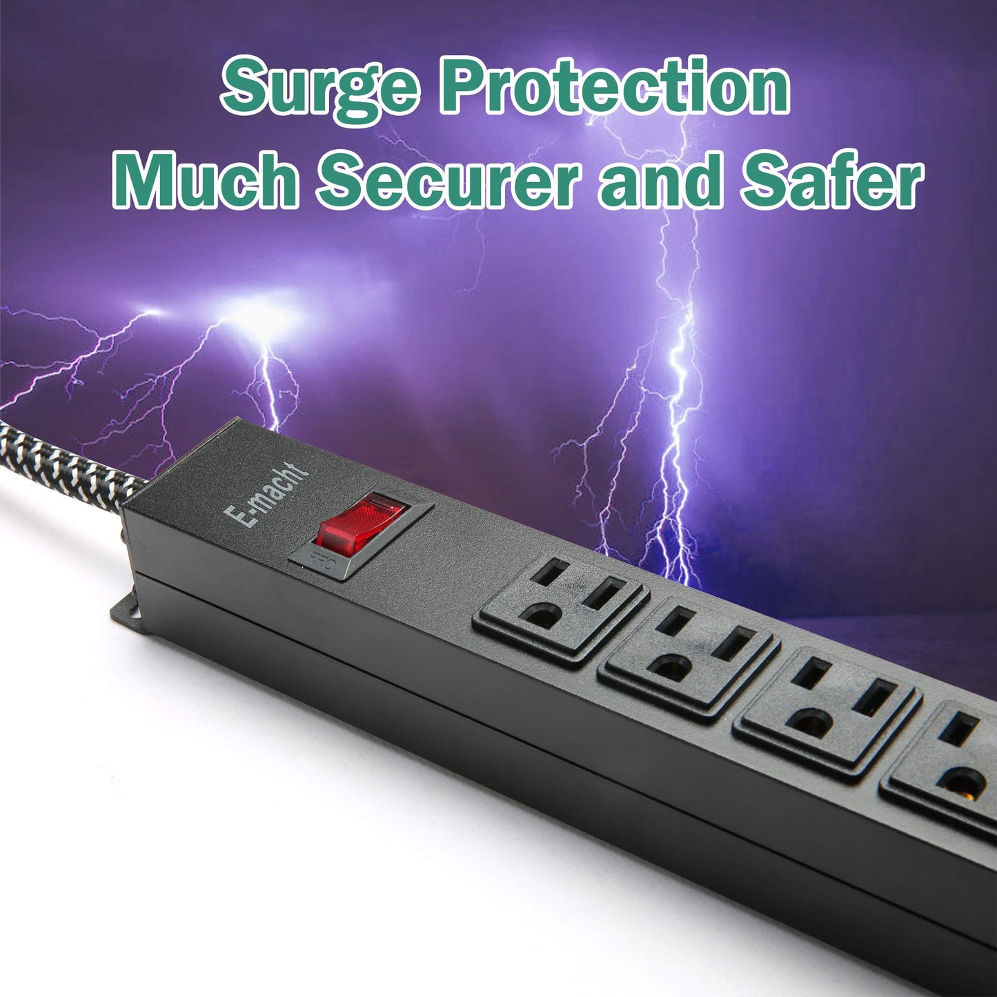 LONABR 2 Pack Long Power Strip, 6 Metal Power Outlets 2 USB Ports, 6 ft Long Extension Cord, Wall Mountable with Hook & Loop, Black (6 Outlets + 2