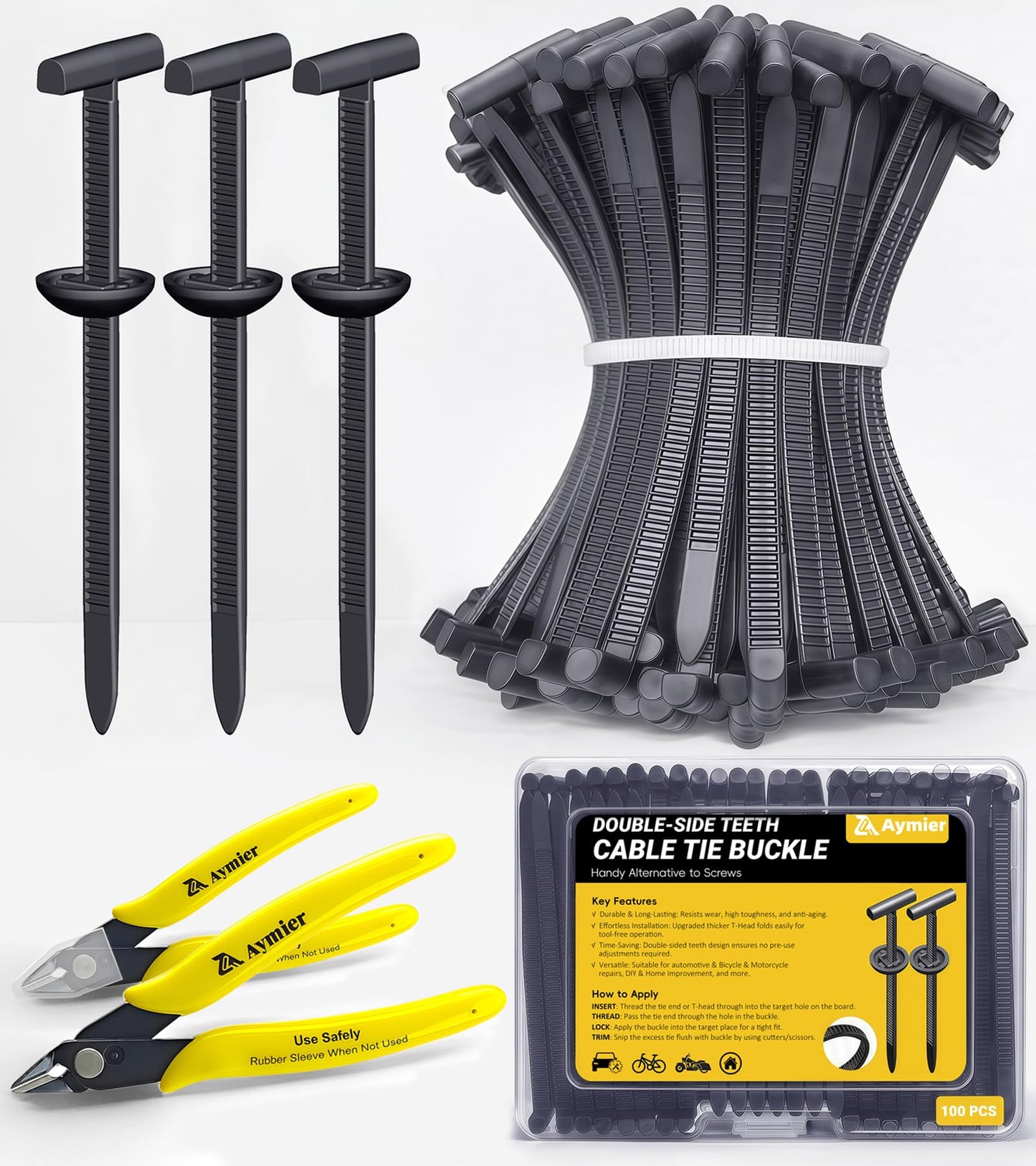 Upgraded Nylon Universal Cable Tie Buckles, Nylon Zip Ties Holders Kit, Automotive Zipper Clips Self-Locking T Rivet Zipties for Car Fender Trunk