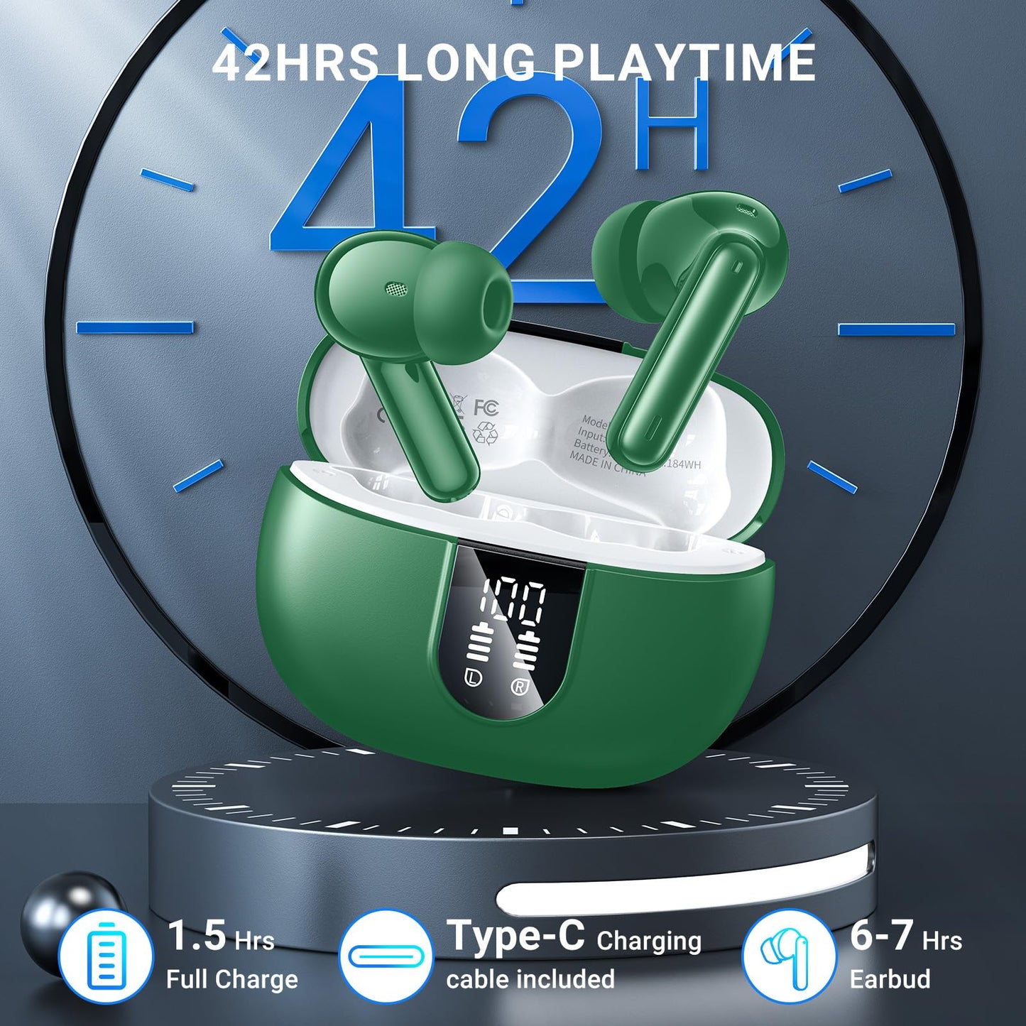 Wireless Earbuds,2024 Wireless Headphones HiFi Stereo Earphones with 4 ENC Noise Canceling Mic, 42Hs Playtime In Ear Earbud,Bluetooth 5.3 Sport