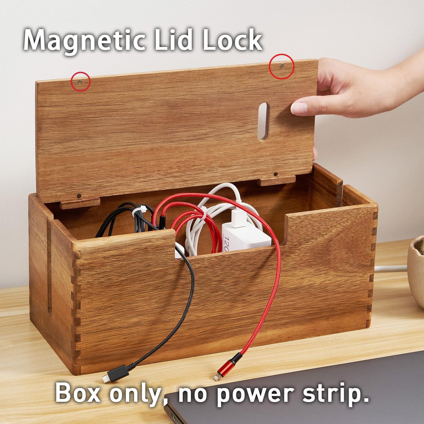 LiTY Acacia Wood Cable Management Box, Wooden Cord Hider & Organizer for Power Strip, Electrical Hiding, TV Wires, Desk & Floor Cables - Office Under