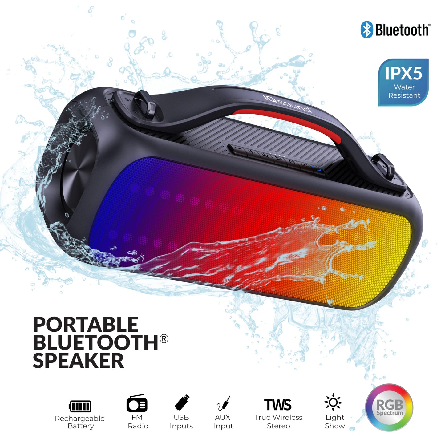Supersonic IQ Sound IQ-3535RGB 2.0CH Portable Bluetooth Speaker with RGB Panel, IPX5 Water Resistance, TWS, Voice Control, FM Radio, USB Input