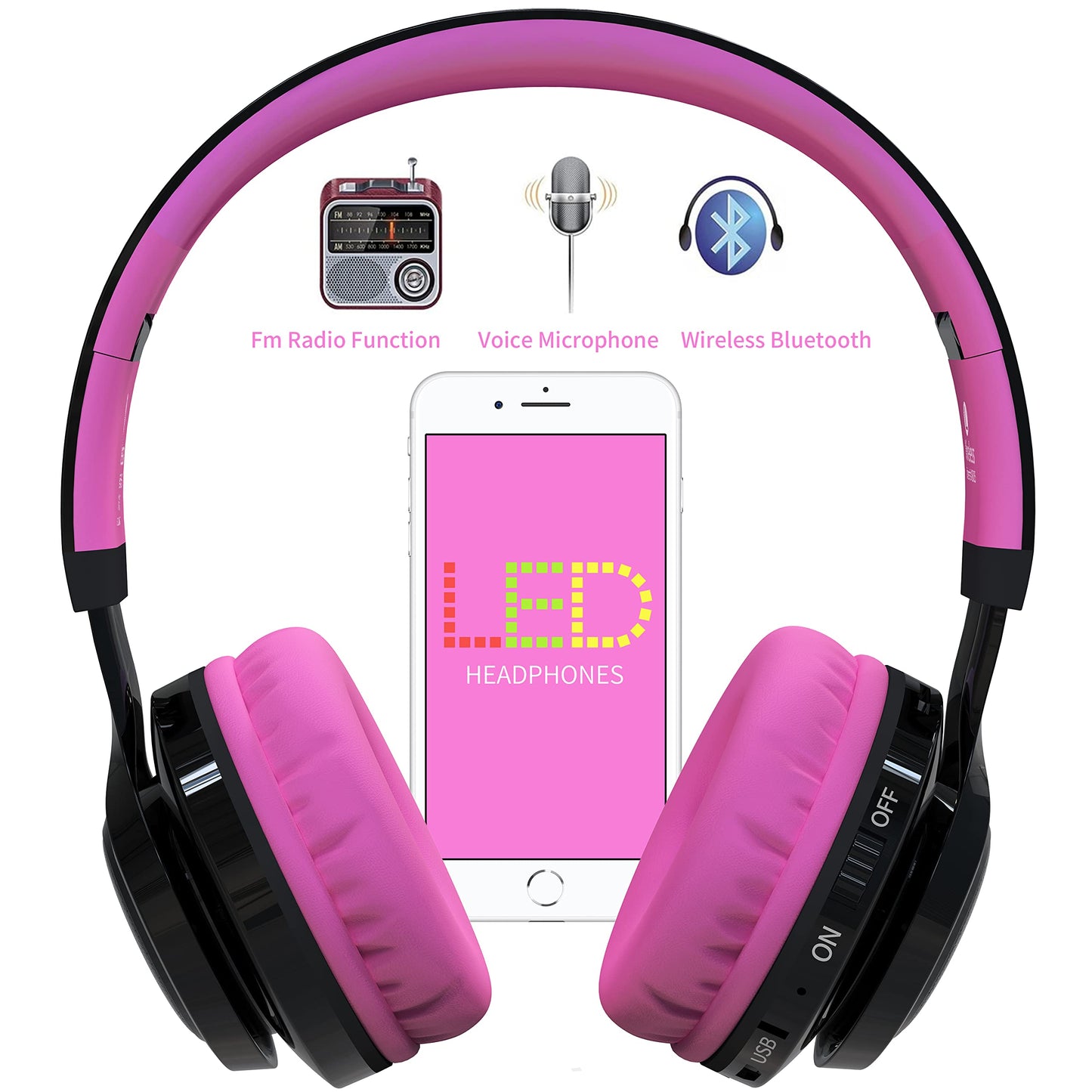 Riwbox Bluetooth Headphones for Kids, AB005 Wireless Kids Headphones V5.3 with Microphone Foldable Headset with LED Light and TF Card FM Radio