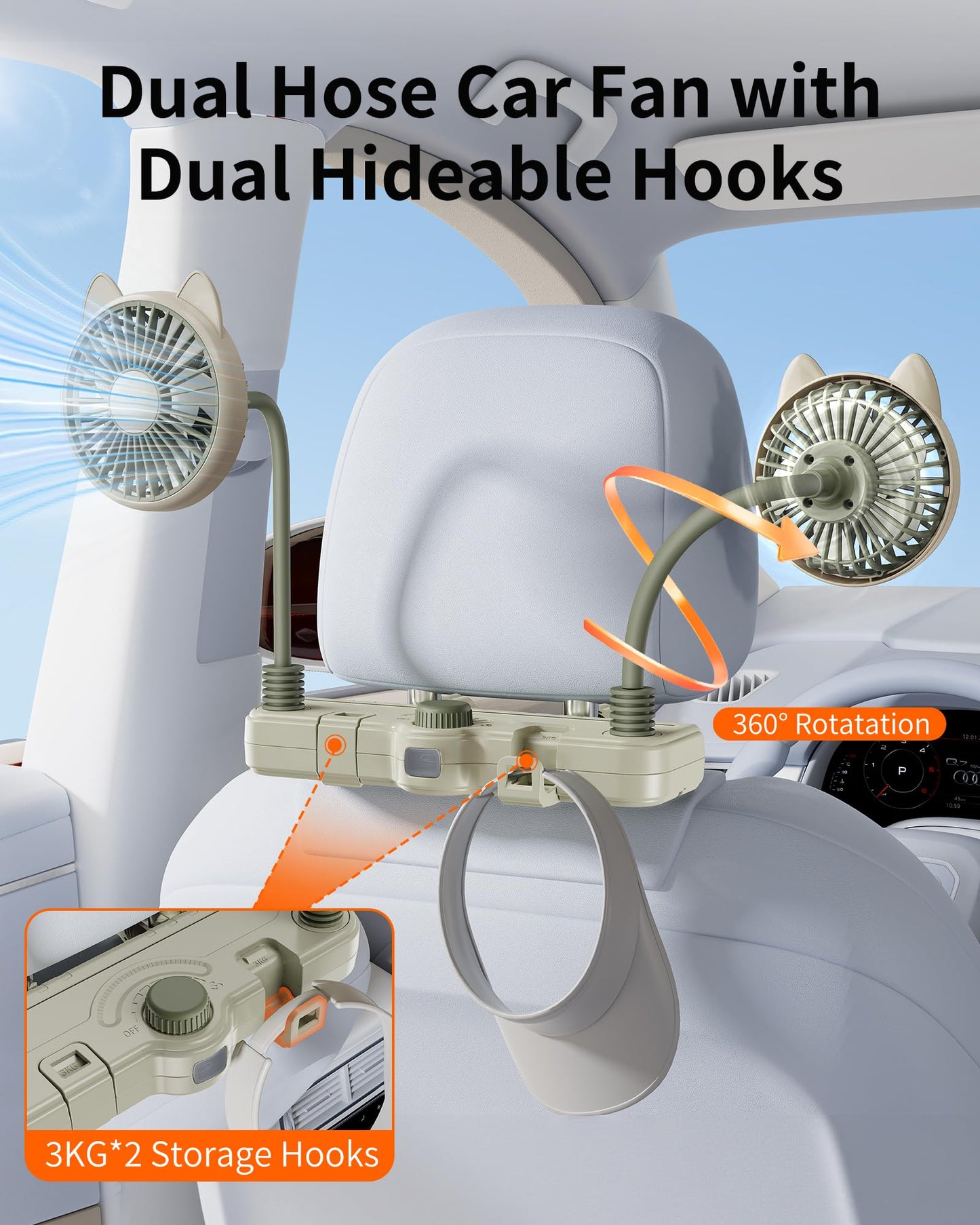 xuenair Dual 360 Hose Battery Powered Fan for Car Back Seat, 2 Storage Hook