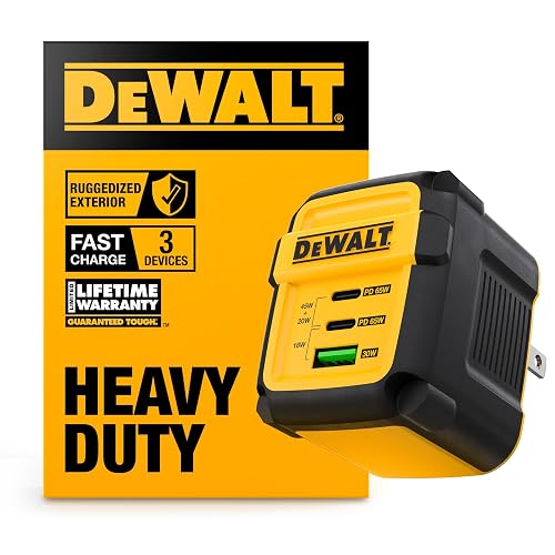 DEWALT Heavy Duty 3 Port Dual USB C Charger Block, USB C Power Adapter GaN Charger (65W), PPS 3-Port Fast Compact Foldable for MacBook Pro/Air iPad